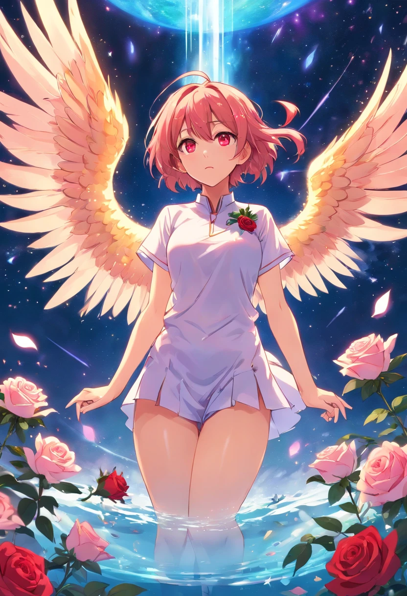 mature_Female, Jörfog, jewelry, looking at viewert, hollow, Abyss, chies, Catholic, angel,Fairy,Universe, glitters, holograph, mary, Reflectors, Gradient, Covered with, black shadows, Grand, Flowers, Sparkling flowers, Golden hair, (Wings), full bodyesbian, midriff, shirt, Red eyes,  Hips, navel, side locks, Gold-tone high heels, Heavy fog, Pink rose, Red rose, Rosemary, Parrot, green wings, water, Hair, Horns, lips open, galaxy eyes, Flowers, sonoko