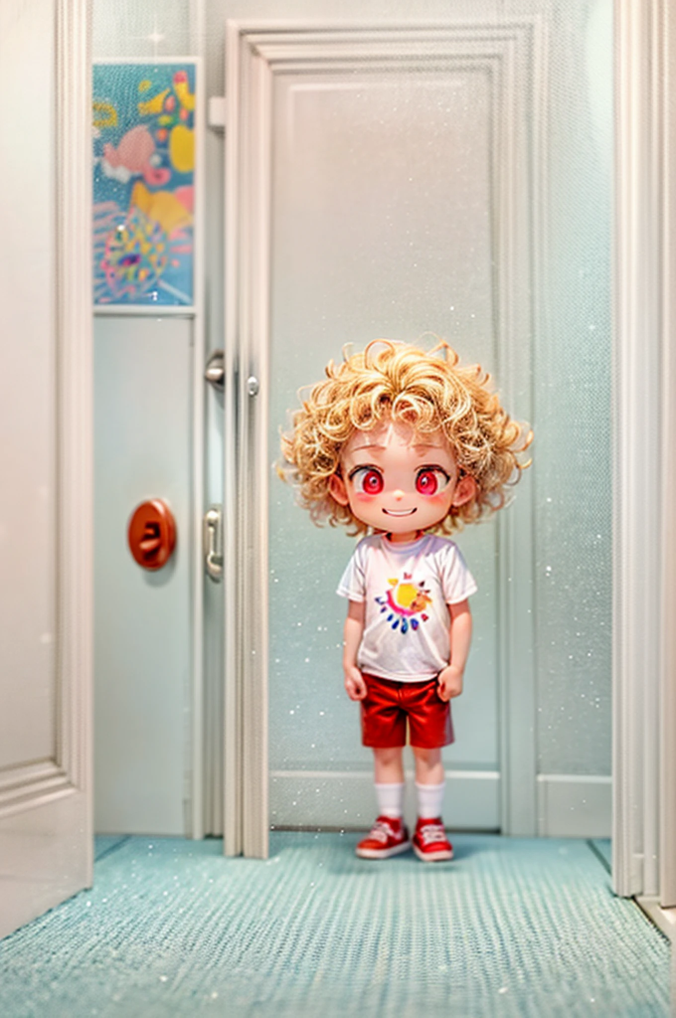 a picture of a  standing behind a door, his face is half hidden, he smiles, evil smile, blond hair, curly hair, red eyes glowing eyes, wearing white shirt, wearing short pants, modern day child room round, toys spread background,