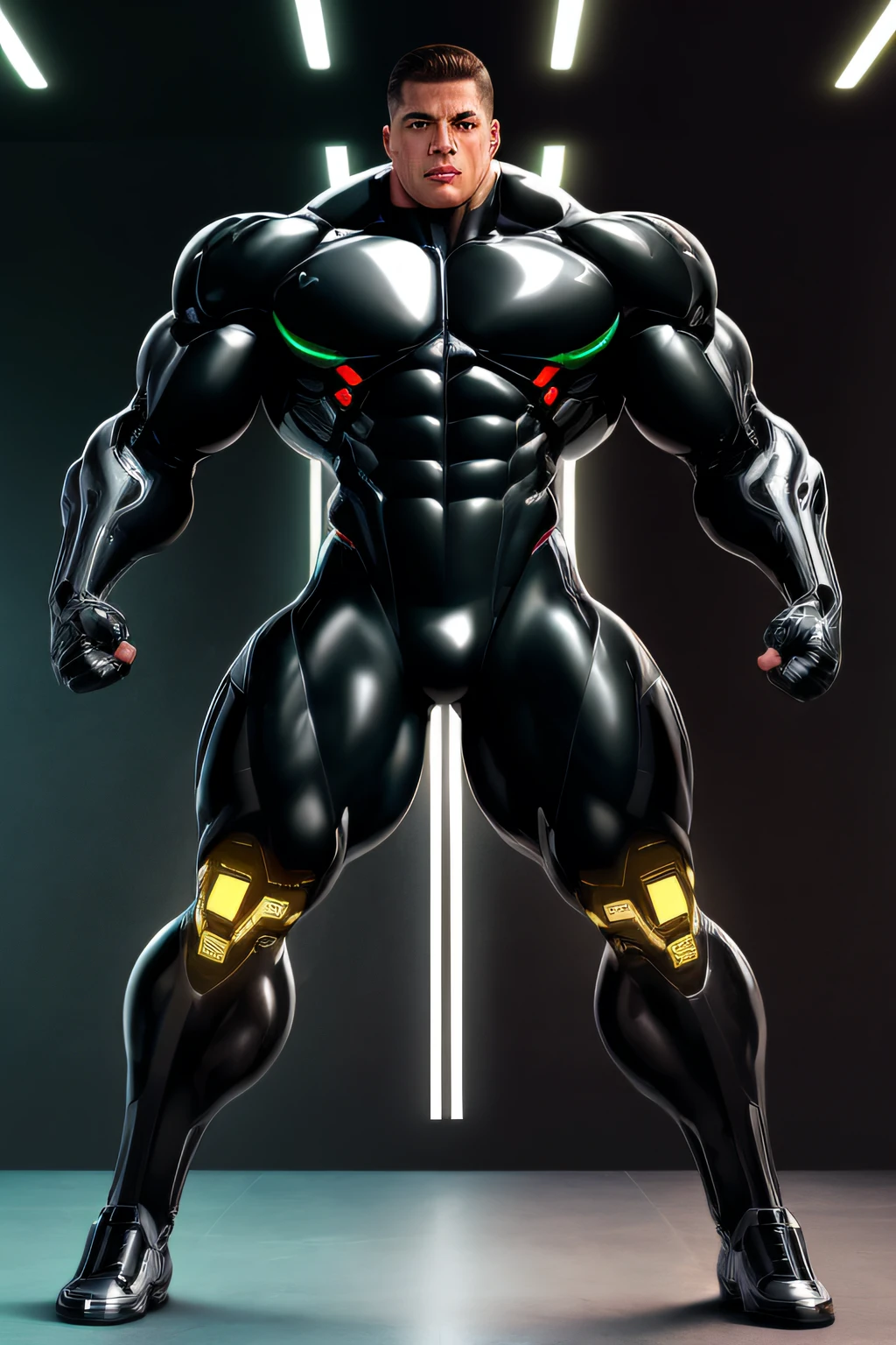 ((Full body image)) Cyborg hero, metalic black bodysuit, muscular, handsome man, covered erect, covered abs, bodybuilder, huge, superbodybuilder. muscle morph, hunk pecs, spaceship (((Mexican ethnicity))).