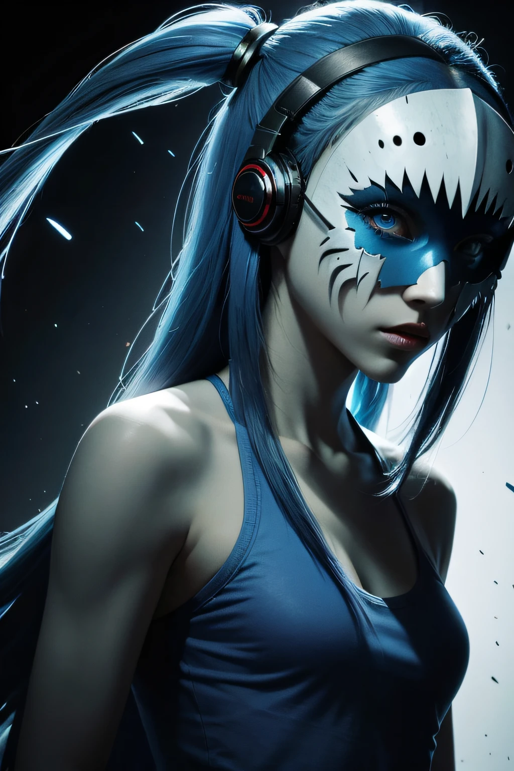 girl with long blue hair, blue eyes, futuristic vibes, mask on mouth, headphones, 8k, high quality, simple background, glowing eyes, nice pose