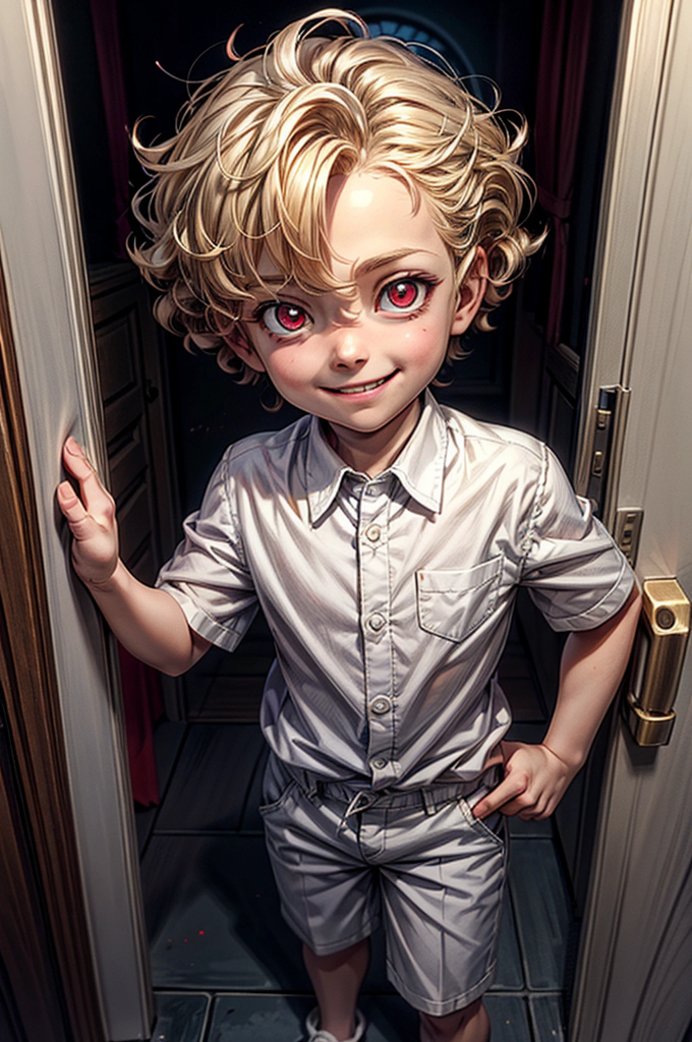 a picture of a small child standing behind a door, his face is half hidden, he smiles, evil smile, blond hair, curly hair, red eyes glowing eyes, wearing white shirt, wearing short pants, modern day child room background, toys spread background,