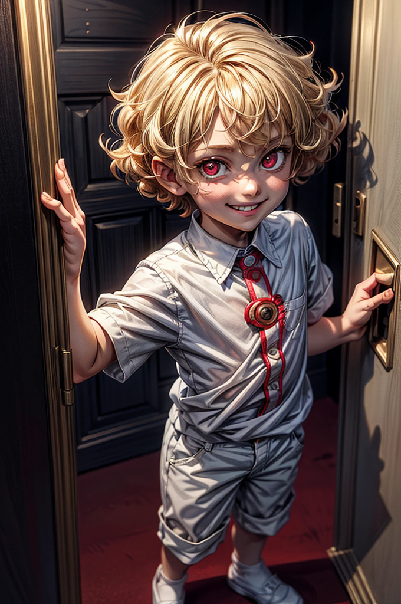 a picture of a small child standing behind a door, his face is half hidden, he smiles, evil smile, blond hair, curly hair, red eyes glowing eyes, wearing white shirt, wearing short pants, modern day child room background, toys spread background,