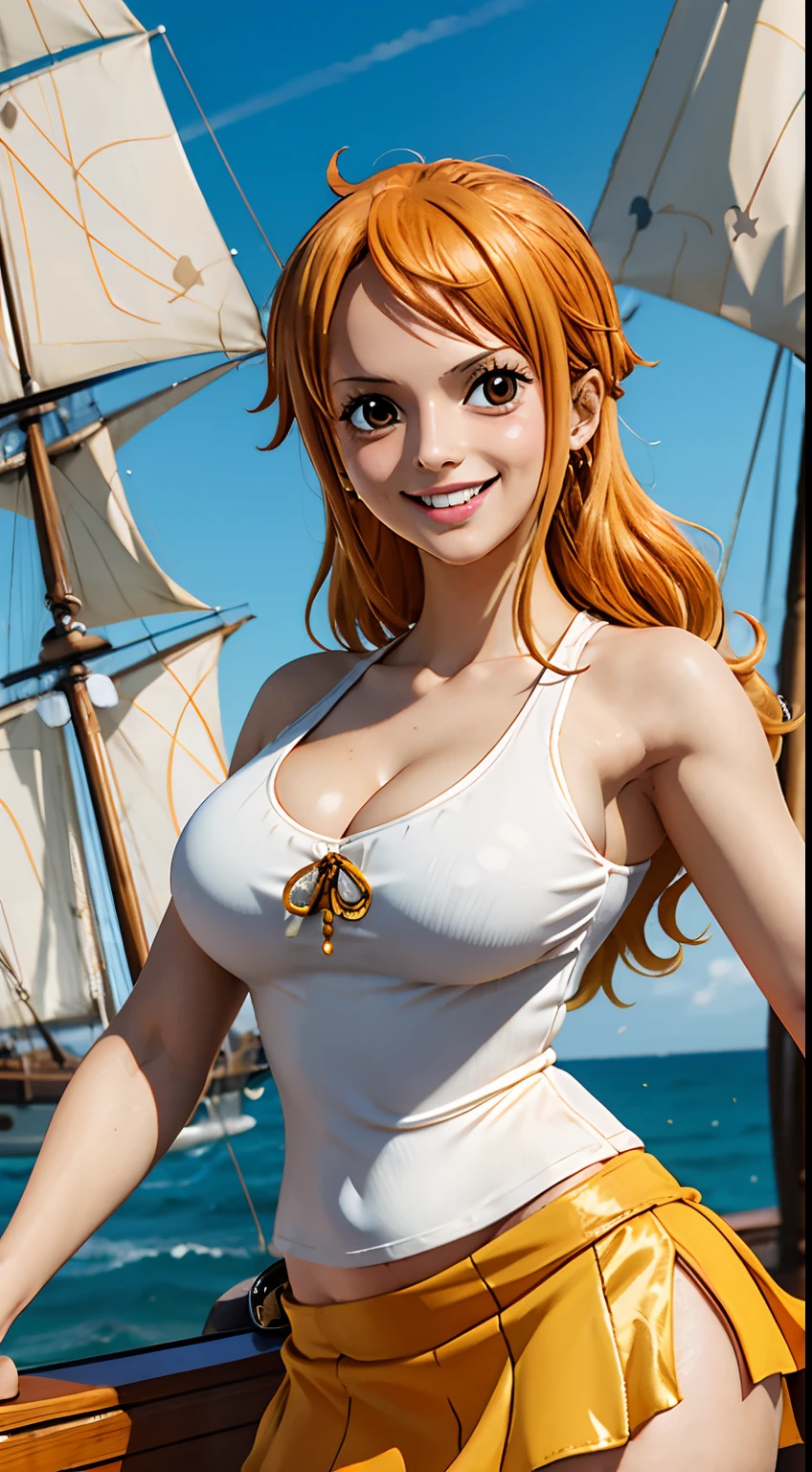 Nami from one piece, tight shirt and mini skirt, very light orange and yellowish haired girl,beautiful brown eyes,blushing cheeks, smiling at the viewer,large breasts,blushing on the cheek with a free hair, pirate ship background.