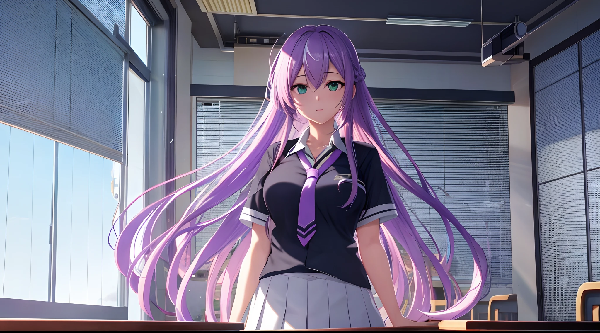 Athena with plain long light purple hair,hair between eyes,green eyes,rosy cheeks,full lips,thin eyebrows,slender body,wearing school uniform necktie and full long skirt,praying beads on neck,cute anime girl,full body,classroom in background,anime style,Lumen Reflections,Screen Space Reflections,Diffraction Grading,Chromatic Aberration,GB Displacement,Scan Lines,Ray Traced,Anti-Aliasing,FXAA,TXAA,RTX,SSAO,Shaders,OpenGL-Shaders, GLSL-Shaders,Post Processing,Post-Production,cell Shading,Tone Mapping,CGI,VFX,SFX,insanely detailed and intricate, 4K,standing, solo, masterpiece, best quality, detailed face, detailed eyes, highres, standing, solo,masterpiece, best quality