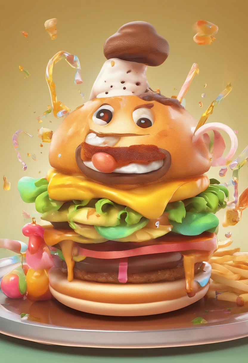 3D rendering of (Appetizing hamburger), Juicy,(Huge hamburgers on the plate), On the left side of the picture, There is a chubby little cute girl who wants to lose weight, Pointing to the hamburger and crying, Bright and cute big eyes, Flashing tears, Tears on eyelashes, There was saliva in her open mouth, cute and funny,,concept art of character,Clear facial features,A beautiful painting by Alphonse Mucha,Caricature,Viscosity printing,dripping paint,spray ,Cotton utensils,Coffee stains,author:paul barson,corona rendered,rendering by octane,Quixel Megascans Render,High detail,hyper qualit,high resolution,8K16K,microscopic view,full bodyesbian,Close up,Dramatic lighting - AR 3:4 --V 5.1 - Style original - varnishing