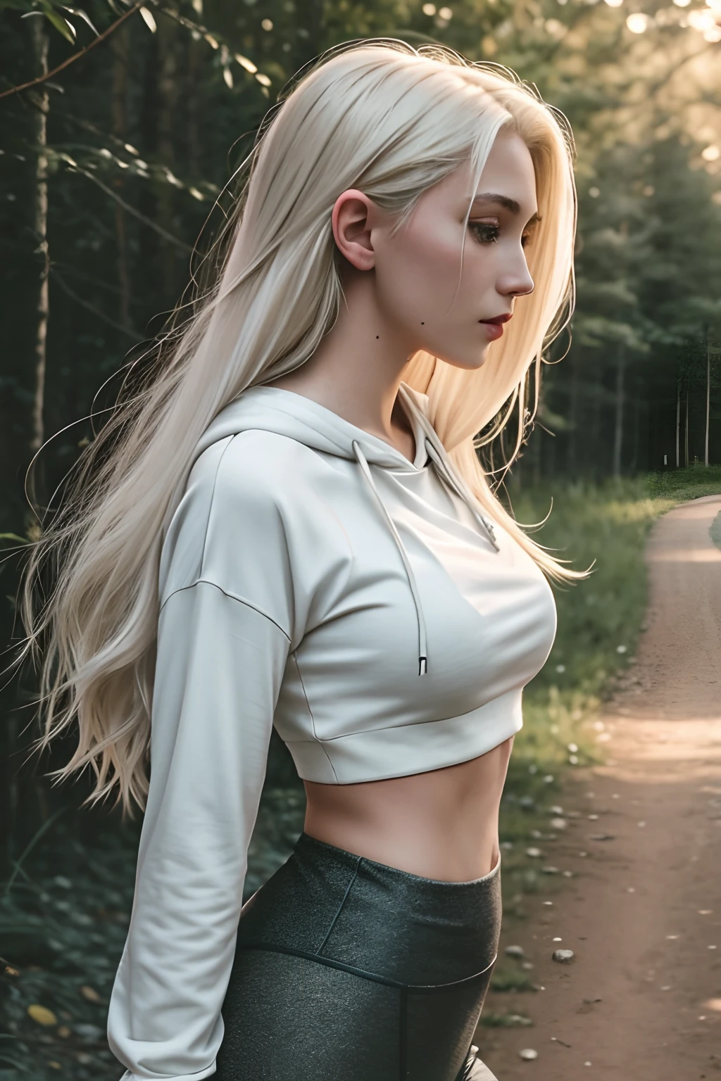 1girl in, age22, Solo, Aesthetic artwork, platinum blonde hair, long straight hair, detailed hair, full c cup breasts, c-cup, slender body, Full body, detailed skin texture, side profile, crop top hoodie, pink crop top, black leggings, hiking trail, cobblestone trail, (extremely detailed 8k wallpaper), soft lighting, high quality, film grain, Fujifilm XT3 sharp focus, f 5.6, 50mm, High Detail, Sharp focus,(natural light), (seductive), Realistic, ultra realistic, photo realistic