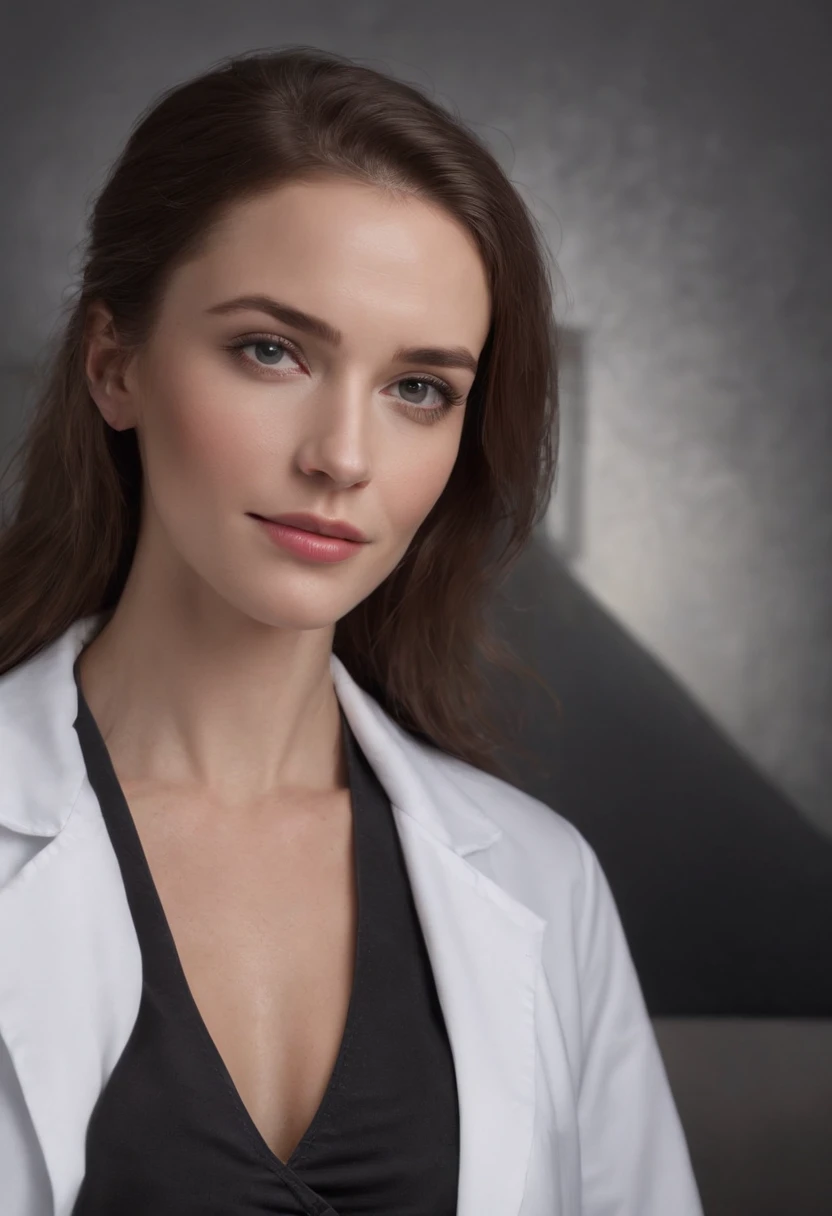 a close up of a woman in a white lab coat with a stethoscope, wearing lab coat and a blouse, doctor, by Jeanna bauck, nurse, professional picture, jenna barton, with a stethoscope, medical doctor, by Lena Alexander, katey truhn, with a lab coat, by Whitney Sherman, by Rhea Carmi, by Kathleen Scott, detailed intricate fabric texture, (charcoal black theme:1.3), spiral patterns, body freckles, bright, high quality image, masterpiece, detailed hair texture, detailed skin texture, detailed cloth texture, 8k, add fabric details, ultra detailed skin texture, ultra detailed photo, skin pores, cloth details, high skin details, realistic hair details, (8K, RAW photo, best quality, masterpiece:1.2), (realistic, photo-realistic:1.4), ultra-detailed (grainy:0.2)