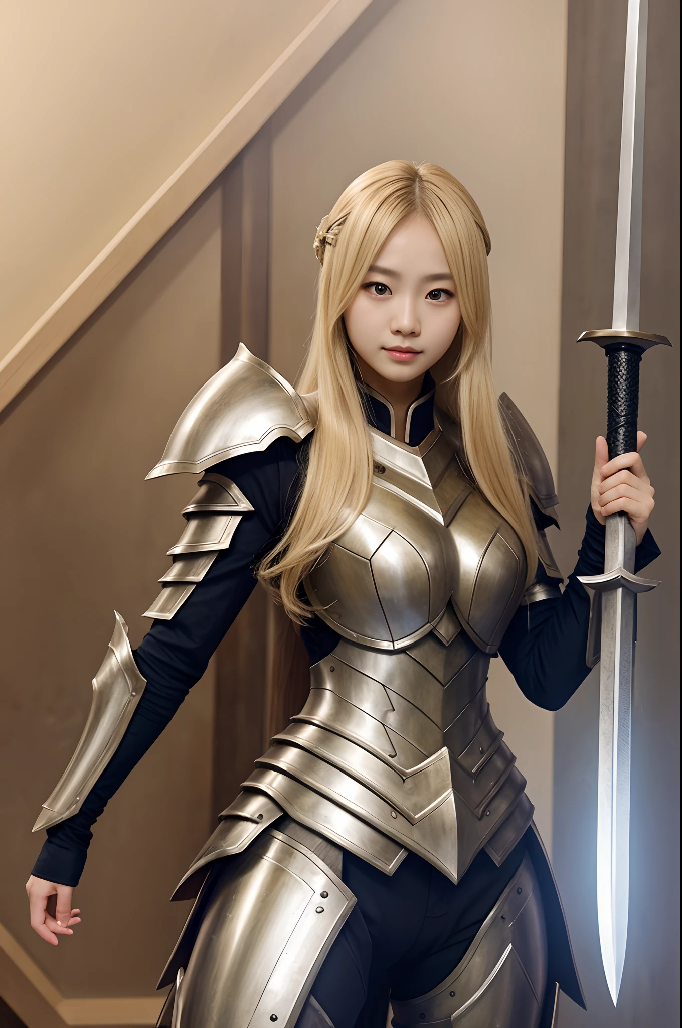 Full a body ,blonde long hair,ouyang nana face, pant,mobile legend armour holding sword