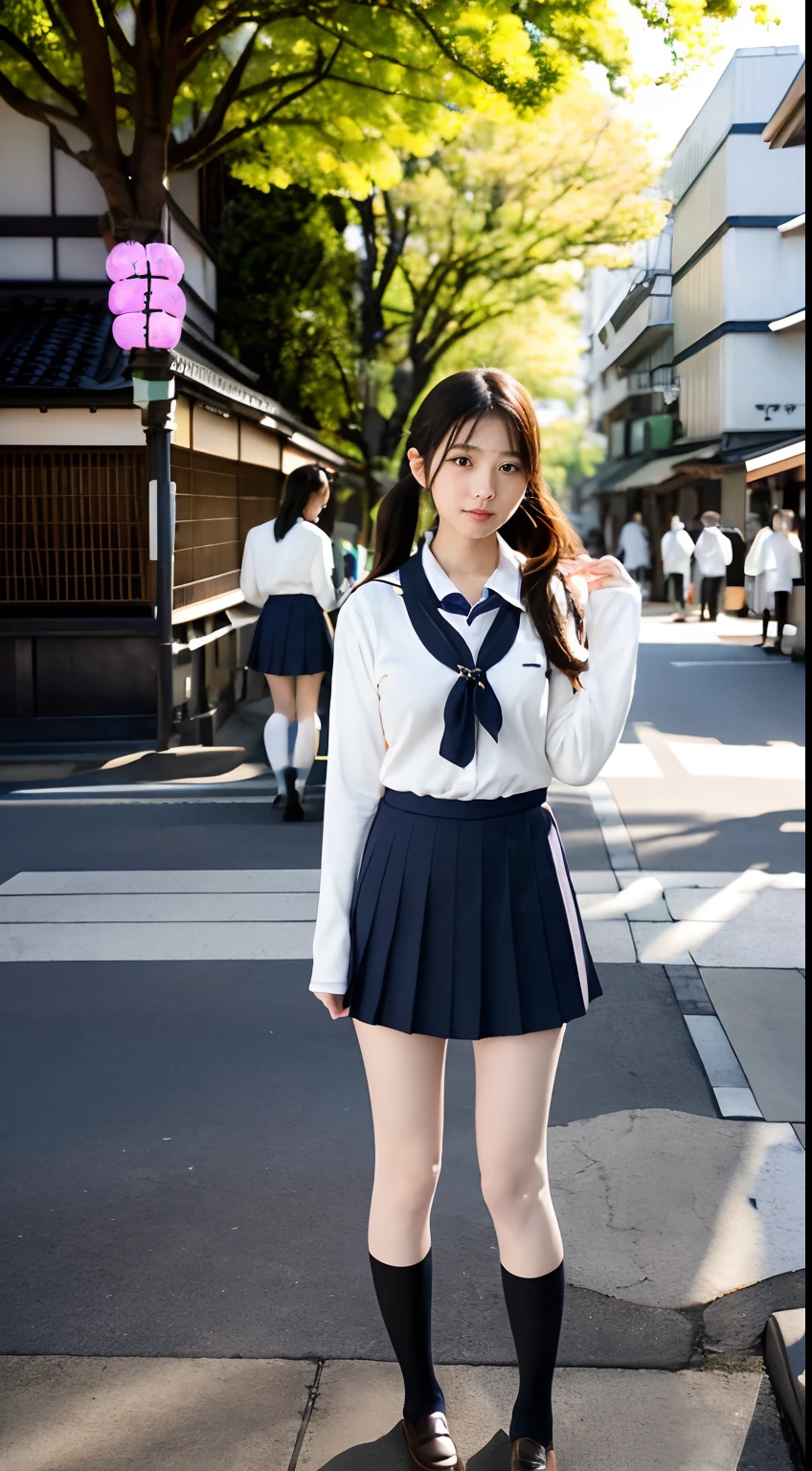 mix4, (16 K, Raw photography, Top image quality, ​masterpiece: 1.45), (realisitic, Photorealsitic: 1.37), one girls, 7．5, etc，cute little, A city scape,, profetional lighting, photon maping, Downtown Shibuya, physically-based renderingt, Gradient dark brown hair,pony tail hairstyle, a handsome, Well-groomed and beautiful eyes、二重まぶた、girl with, (((student clothes、Long sleeve shirt worn by Japan high school girl、Cardigan、neck tie、Dark blue mini skirt,、Dark blue knee-high socks、Black loafers))), Top Quality Photos, hight resolution, 1080p, (clearface), (Detailed face description), (Detailed hand description), (​masterpiece), (Exquisite CG)、extreme light and shadows、dishevled hair、master work、abundant detail、(Fine facial features)、(top quality photo)、(masuter piece)、(A detailed eye)、Look in front of you、Fine clavicle、((Slender big))、(((Japan schoolgirl wears a long-sleeved shirt)))、((Neat and clean idol))、((Gingko tree-lined shopping street))、(Shooting from random perspectives)、(((Anyway cute)))、耳Nipple Ring、A big smile、Drawing the whole body from the knees、Do not draw nasolabial folds、(((Sports bags used by Japan schoolgirls)))、(Big breasts that hang down big:1.2)、Big buttocks with tension、Two arms and two legs、(((from the front side:0.4)))、bare hand、