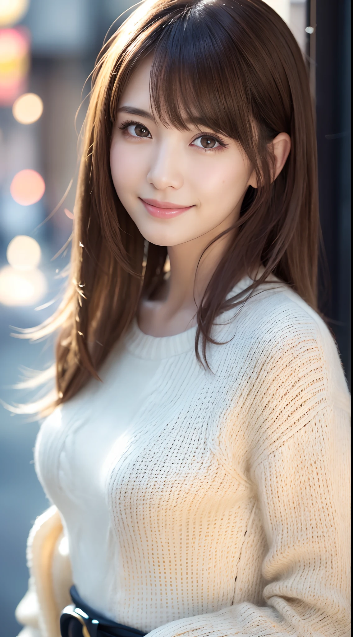 (masutepiece:1.3), High resolution, ultra-detailliert, Very detailed CG Unity 8K wallpaper, Realistic, Photorealsitic, Raw photo, beautifull detailed face, pale skin, Realistic glitter skin, Detailed Cloth Texture, detailed hair texture, Beautiful face, acurate, Anatomically correct, Highly detailed facial and skin texture, Natural neck length, (Fair skin:1.2), 独奏、Brown hair、⦅Longhaire⦆、With bangs、Japan Female, 35 years old、A detailed eye,Harajuku、Cute realistic photos,⦅smile1.6⦆Looking at the camera、middlebreasts 、⦅Cute Smile 1.6⦆、knitted sweater、a miniskirt、Ramen shop、