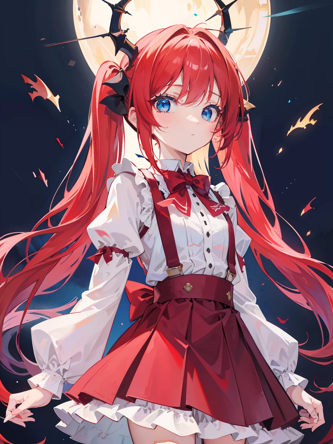 {{best quality}}, {{masterpiece}}, {{ultra-detailed}}, {illustration}, {detailed light}, red hair,blue eyes,twintails,lolita,Suspenders skirt,Fantastic,loli,solo,Dragon horns, girl,long hair