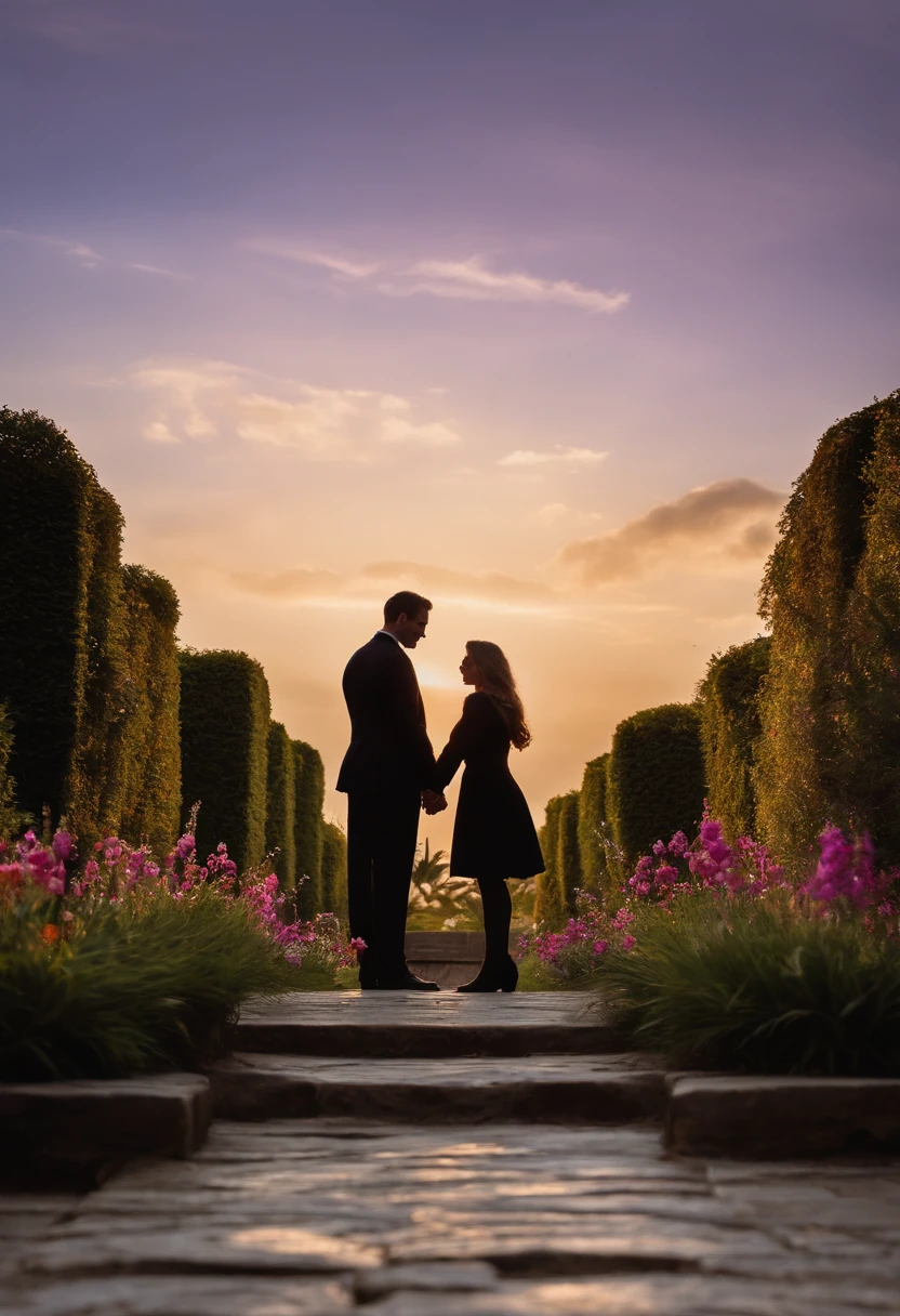 image of two silhouetted figures - one representing Anne and the other representing Marco - standing in a tranquil garden, com um convento ao fundo. The sky would be painted in shades of purple and pink, suggesting a romantic and dramatic sunset. The figures would be holding hands, with an expression of longing and tenderness in its contours. The title of the book, "Entre o Sagrado e o Proibido", estaria escrito em letras douradas e elegantes, em destaque no topo da capa.