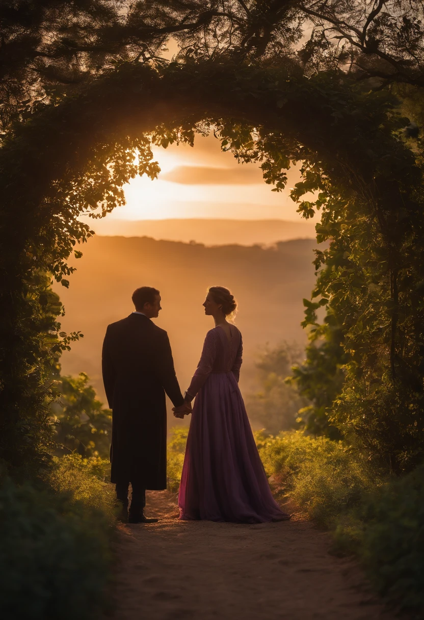 image of two silhouetted figures - one representing Anne and the other representing Marco - standing in a tranquil garden, com um convento ao fundo. The sky would be painted in shades of purple and pink, suggesting a romantic and dramatic sunset. The figures would be holding hands, with an expression of longing and tenderness in its contours. The title of the book, "Entre o Sagrado e o Proibido", estaria escrito em letras douradas e elegantes, em destaque no topo da capa.