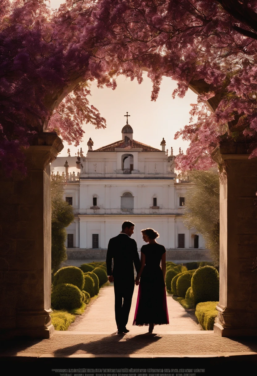 image of two silhouetted figures - one representing Anne and the other representing Marco - standing in a tranquil garden, com um convento ao fundo. The sky would be painted in shades of purple and pink, suggesting a romantic and dramatic sunset. The figures would be holding hands, with an expression of longing and tenderness in its contours. The title of the book, "Entre o Sagrado e o Proibido", estaria escrito em letras douradas e elegantes, em destaque no topo da capa.