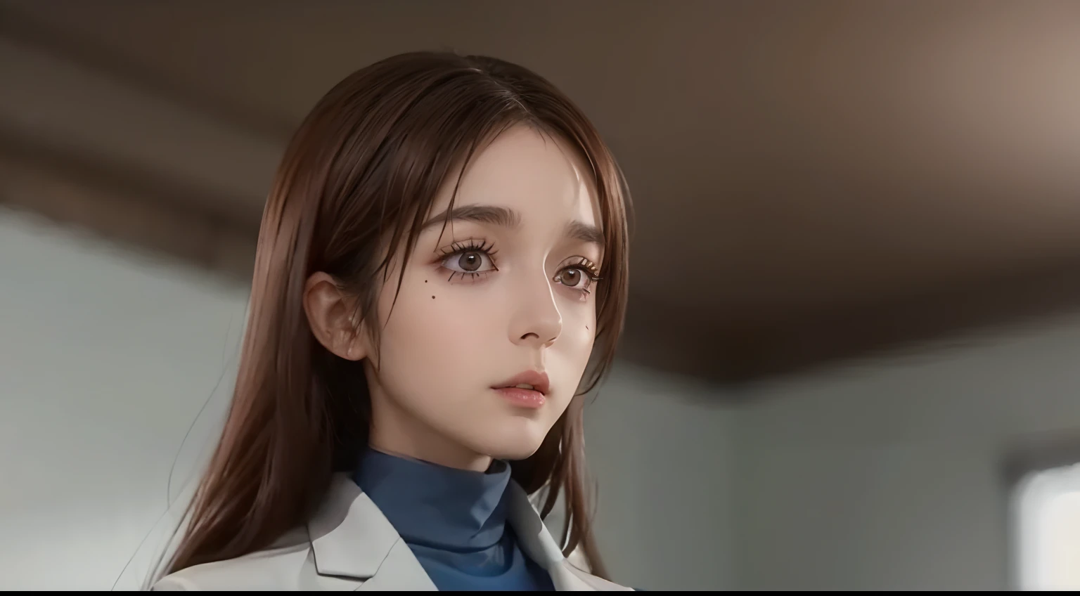 shoko_ieiri, brown hair, brown eyes, eyebags, eyeshadow, makeup, labcoat, blue turtleneck, 1girl, solo, detailed face, detailed skin, upper body