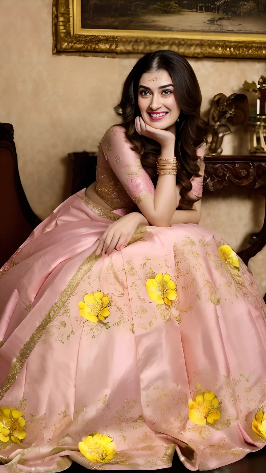 a woman in a pink dress sitting on a chair, satin, wearing pink floral gown, very beautiful enga style, * colour splash *, photoshoot, wearing a pink ballroom gown, maya ali, candid, candid picture, dressed in a beautiful, brilliant pink ball gown, colour, with lovely look, with intricate details, with an elegant smile, high quality material bssrdf