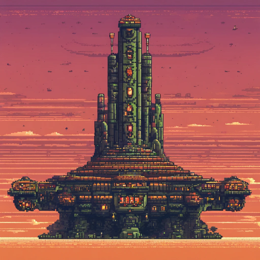 The last boss of vertical scrolling shooter、retro gaming、Symmetrical shape、spaceships、Floating in the air、Disk-shaped UFO、You can see it spinning