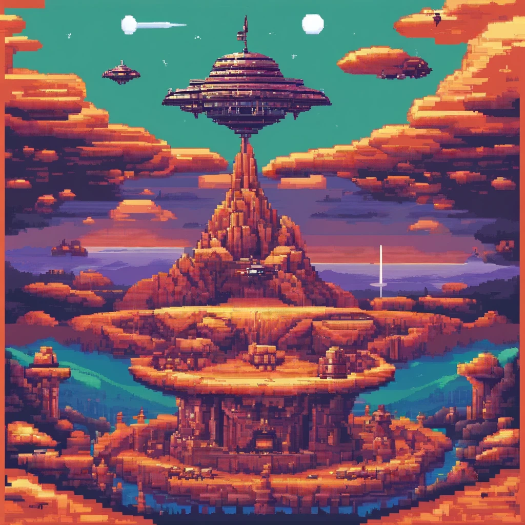 The last boss of vertical scrolling shooter、retro gaming、Symmetrical shape、spaceships、Floating in the air、Disk-shaped UFO、You can see it spinning