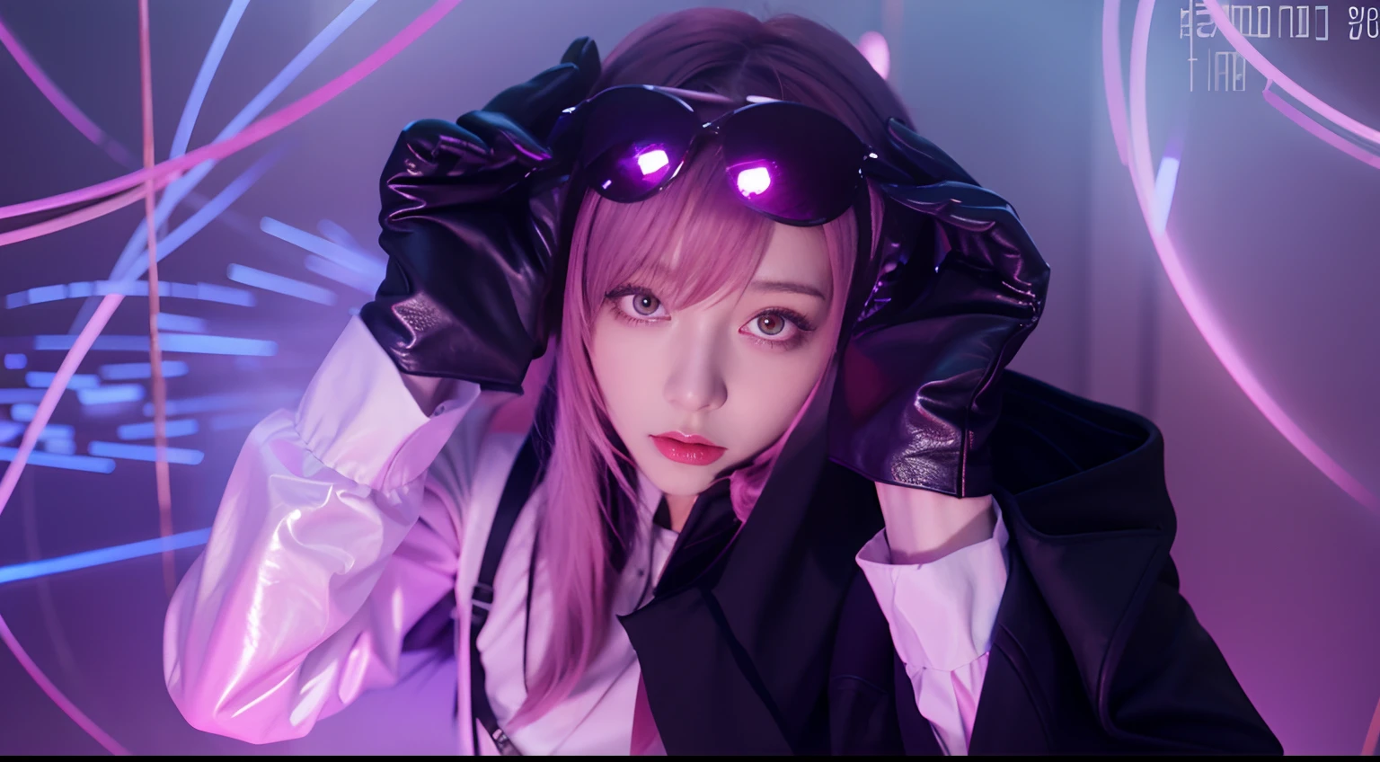 cyber punk perssonage，Purple light，red line，light speed，simplebackground，A girl with pink hair holding up sunglasses，black leather gloves