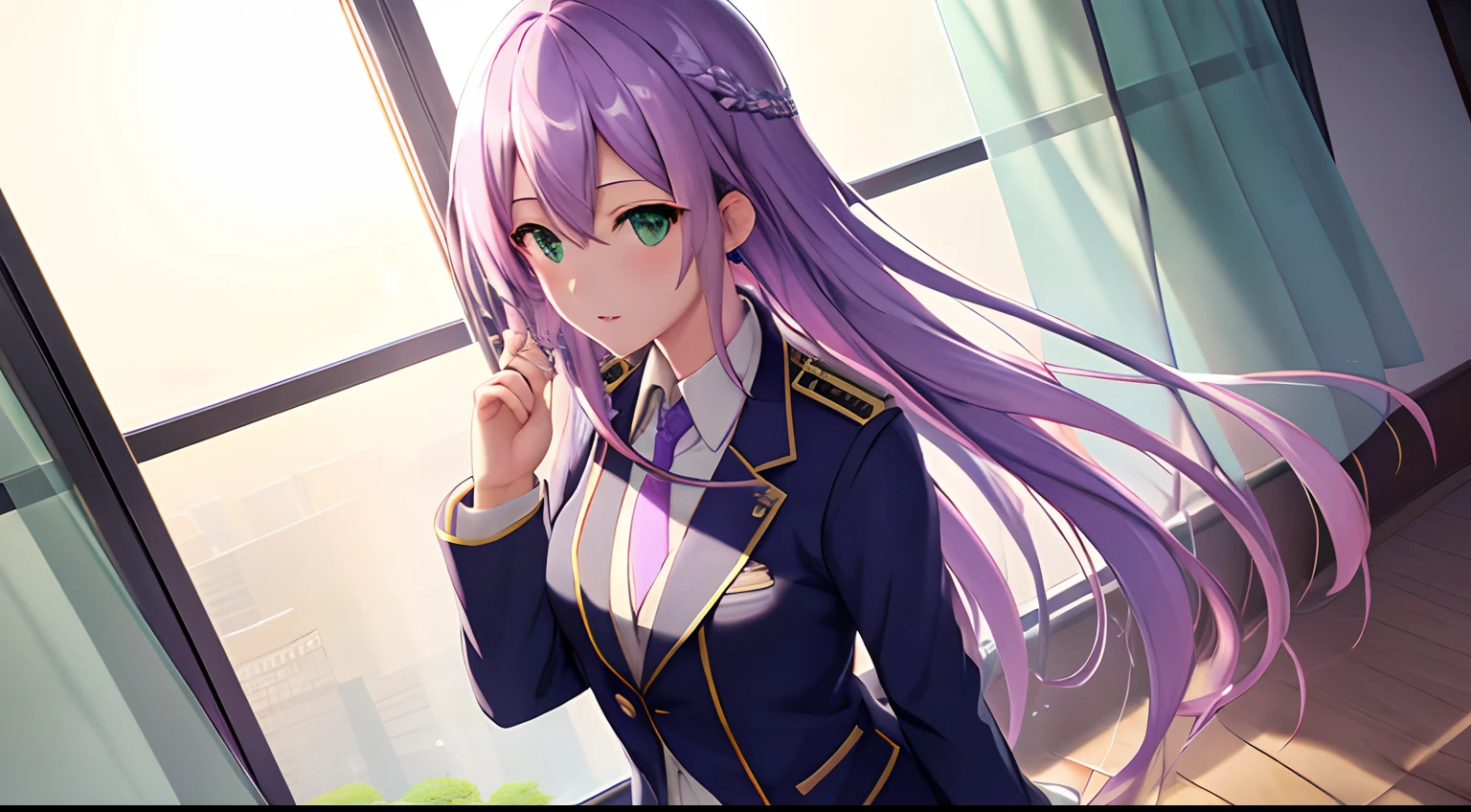 Athena with plain long light purple hair,hair between eyes,green eyes,rosy cheeks,full lips,thin eyebrows,slender body,wearing school coat necktie and full long skirt,praying beads on neck,cute anime girl,full body,classroom in background,anime style,Lumen Reflections,Screen Space Reflections,Diffraction Grading,Chromatic Aberration,GB Displacement,Scan Lines,Ray Traced,Anti-Aliasing,FXAA,TXAA,RTX,SSAO,Shaders,OpenGL-Shaders, GLSL-Shaders,Post Processing,Post-Production,cell Shading,Tone Mapping,CGI,VFX,SFX,insanely detailed and intricate, 4K,standing, solo, masterpiece, best quality, detailed face, detailed eyes, highres, standing, solo,masterpiece, best quality