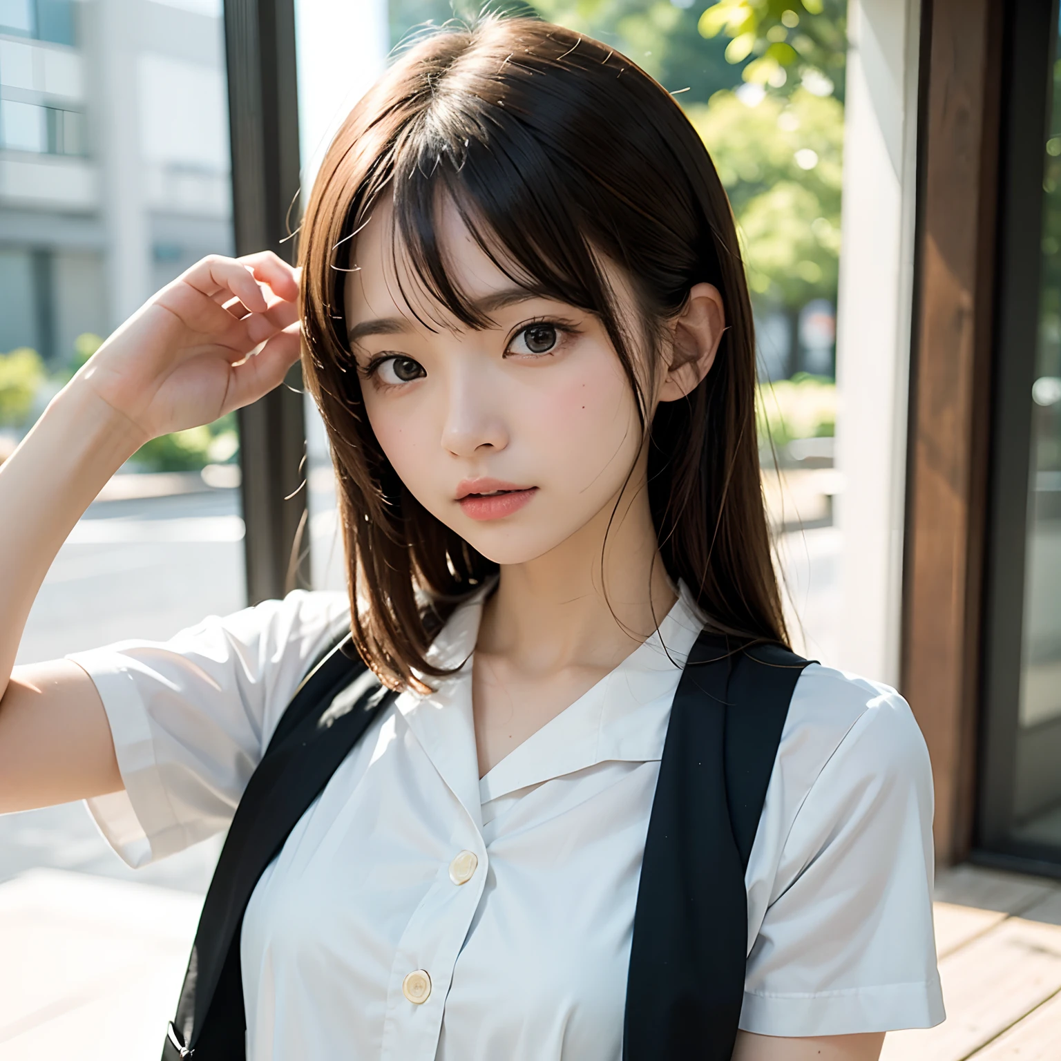 top-quality、de pele branca、Real Human Skin、(Detailed)、oval-face、pores、超A high resolution、(8K、Raw photography、Photorealsitic:1.4)、女の子1人、Slimed、(A person who sees with calm and goddess-like eyes)Happiness:1.2)、(lipgloss、Eye lashes、Gloss Face、top-quality、超A high resolution、Wide range of lighting、Natural Shading)、Trousers with suspenders、Fashion Shirts、a park、full body Esbian