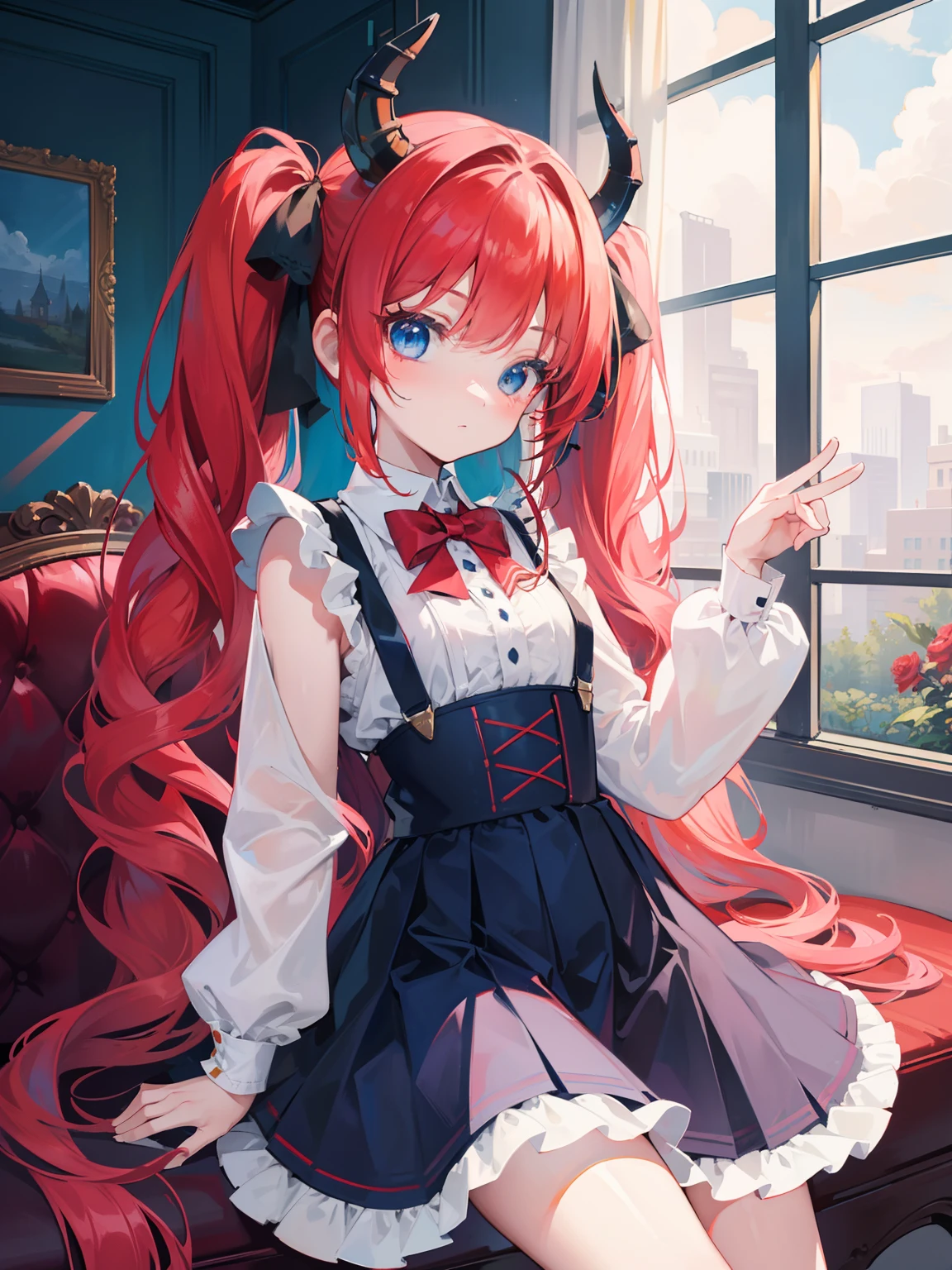 {{best quality}}, {{masterpiece}}, {{ultra-detailed}}, {illustration}, {detailed light}, red hair,blue eyes,twintails,lolita,Suspenders skirt,Fantastic,loli,solo,Dragon horns,little girl,long hair