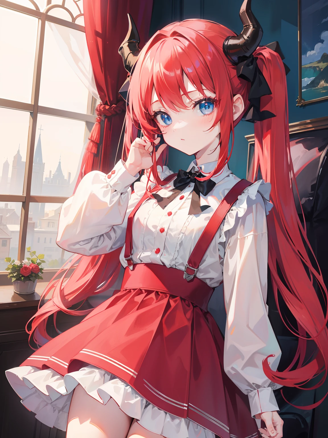 {{best quality}}, {{masterpiece}}, {{ultra-detailed}}, {illustration}, {detailed light}, red hair,blue eyes,twintails,lolita,Suspenders skirt,Fantastic,loli,solo,Dragon horns,little girl,long hair
