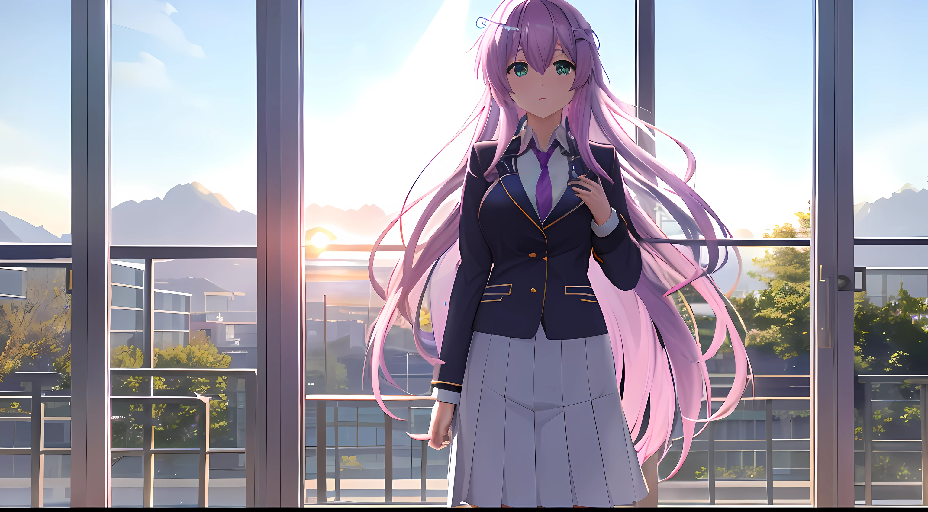 Athena with plain long light purple hair,hair between eyes,green eyes,rosy cheeks,full lips,thin eyebrows,slender body,wearing school coat necktie and full long skirt,praying beads on neck,cute anime girl,full body,classroom in background,anime style,Lumen Reflections,Screen Space Reflections,Diffraction Grading,Chromatic Aberration,GB Displacement,Scan Lines,Ray Traced,Anti-Aliasing,FXAA,TXAA,RTX,SSAO,Shaders,OpenGL-Shaders, GLSL-Shaders,Post Processing,Post-Production,cell Shading,Tone Mapping,CGI,VFX,SFX,insanely detailed and intricate, 4K,standing, solo, masterpiece, best quality, detailed face, detailed eyes, highres, standing, solo,masterpiece, best quality