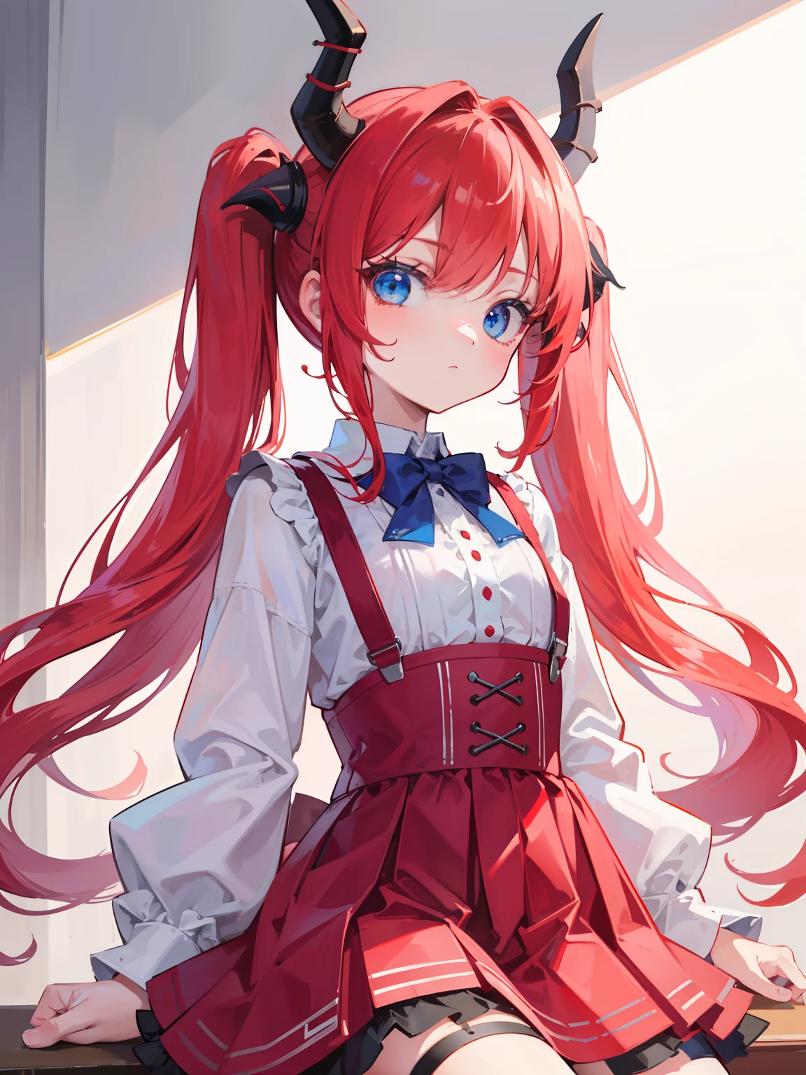 {{best quality}}, {{masterpiece}}, {{ultra-detailed}}, {illustration}, {detailed light}, red hair,blue eyes,twintails,lolita,Suspenders skirt,Fantastic,loli,solo,Dragon horns, girl,long hair
