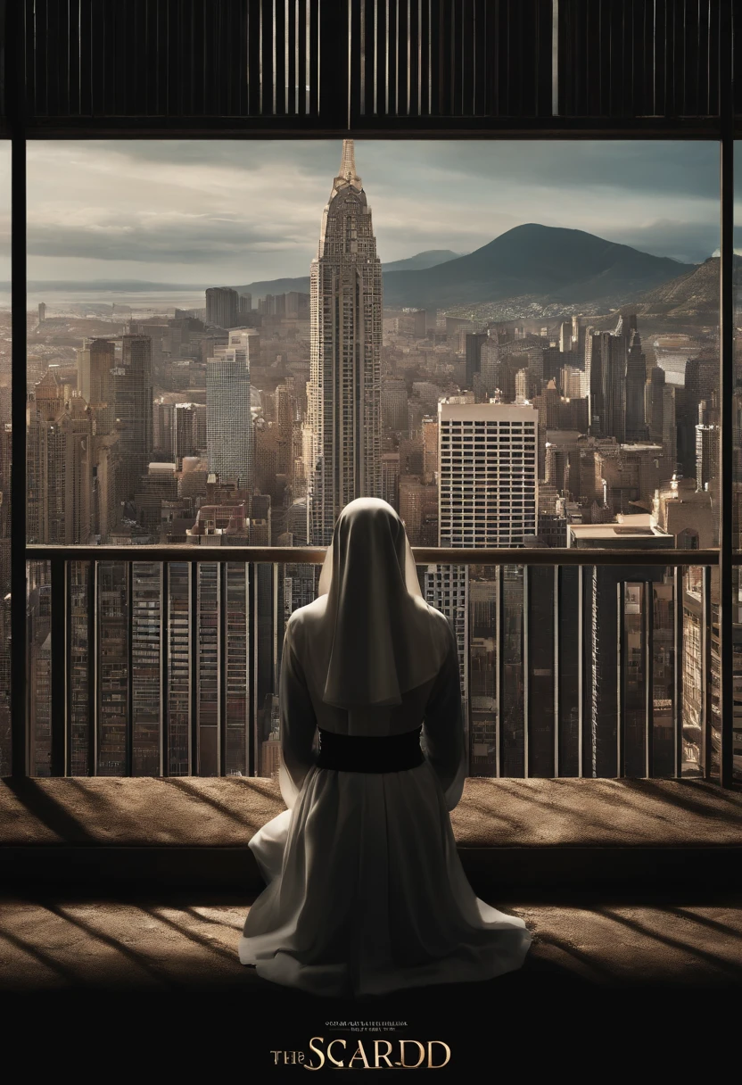 On the left hand, uma figura que simboliza a vida religiosa e serena, with a convent in a tranquil setting and a nun in contemplation. On the right hand, A depiction of the criminal underworld with gloomy skyscrapers, luzes de neon e a figura de um mafioso em um terno elegante.
Estes elementos poderiam estar sobrepostos com uma linha que divide a capa ao meio, simbolizando a dicotomia entre os dois mundos. The title of the book, "Entre o Sagrado e o Proibido", poderia estar escrito em letras ousadas e contrastantes, talvez com a palavra "Sagrado" em tons mais suaves e a palavra "Proibido" em tons mais escuros, Representing the central conflict of the story.