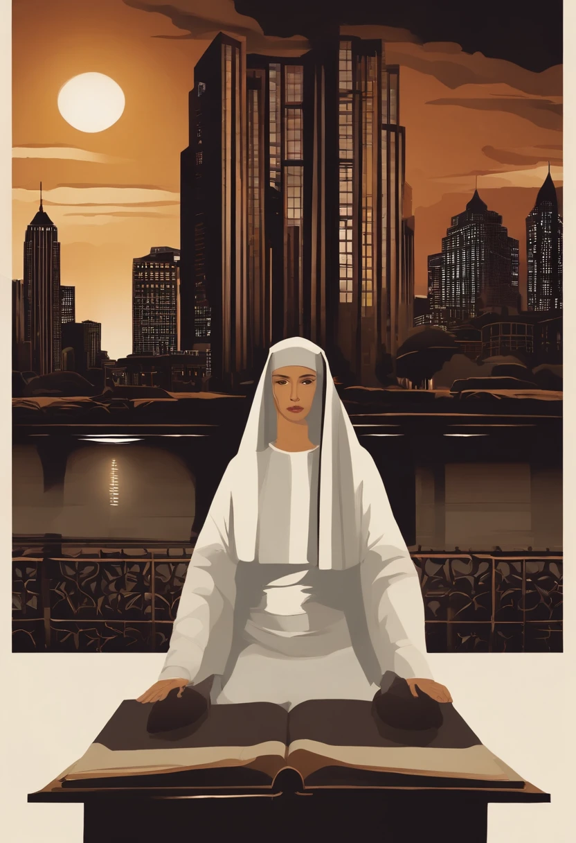 On the left hand, uma figura que simboliza a vida religiosa e serena, with a convent in a tranquil setting and a nun in contemplation. On the right hand, A depiction of the criminal underworld with gloomy skyscrapers, luzes de neon e a figura de um mafioso em um terno elegante.
Estes elementos poderiam estar sobrepostos com uma linha que divide a capa ao meio, simbolizando a dicotomia entre os dois mundos. The title of the book, "Entre o Sagrado e o Proibido", poderia estar escrito em letras ousadas e contrastantes, talvez com a palavra "Sagrado" em tons mais suaves e a palavra "Proibido" em tons mais escuros, Representing the central conflict of the story.