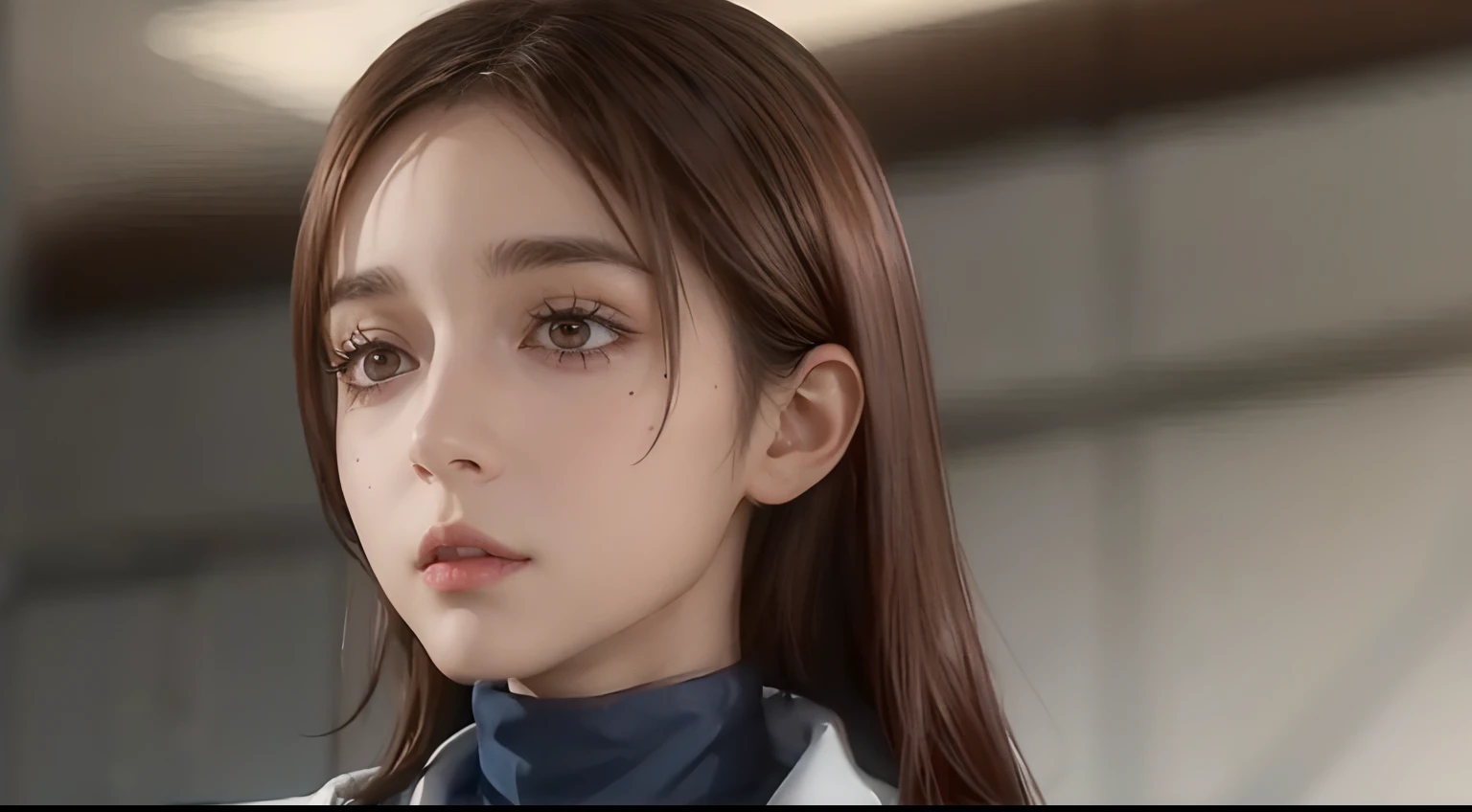 shoko_ieiri, brown hair, brown eyes, eyebags, eyeshadow, makeup, labcoat, blue turtleneck, 1 girl, solo, detailed face, detailed skin