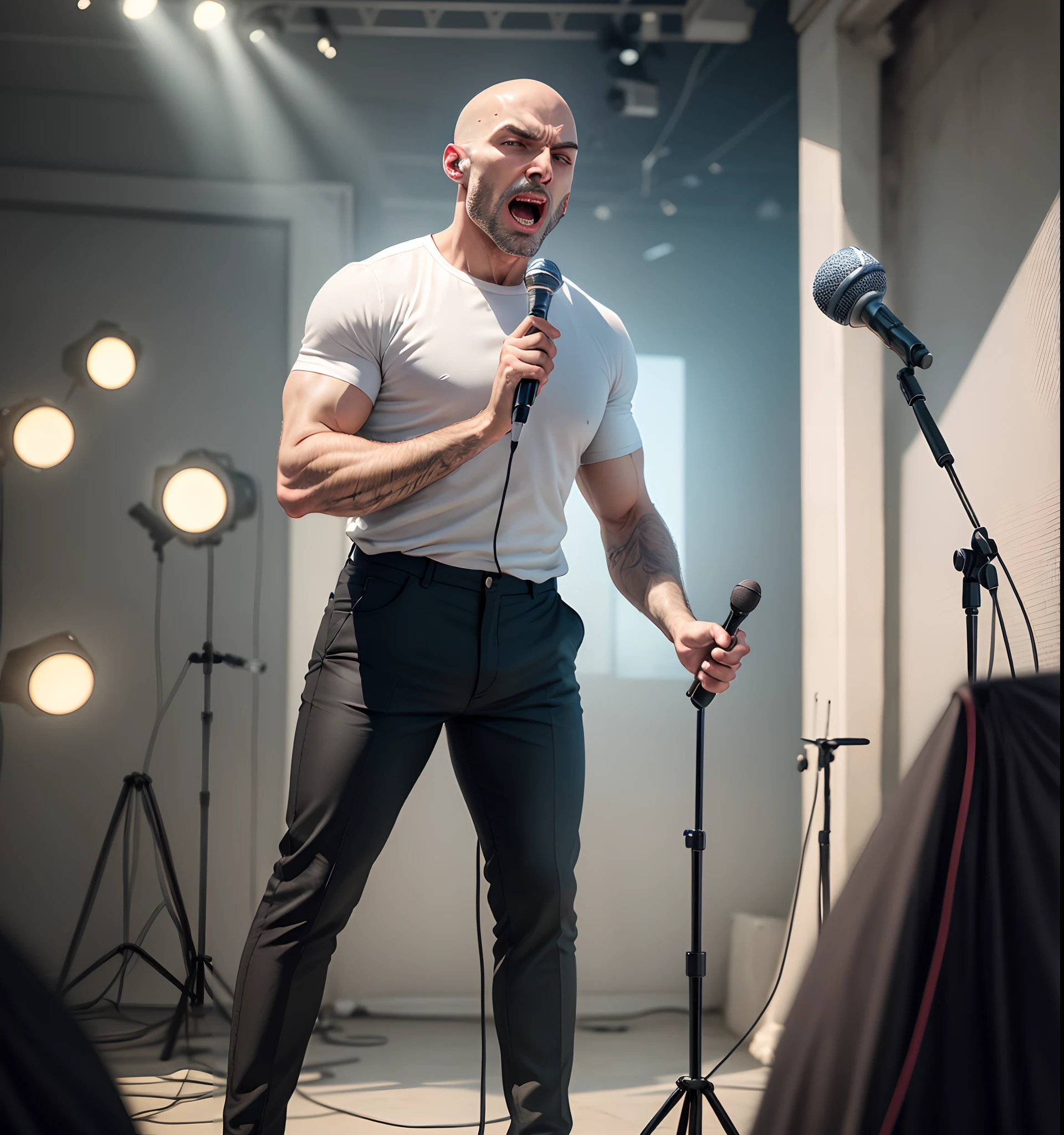 A bald man singing at set with a mic in hand ina full body shot with a white shirt he is in his middle ages