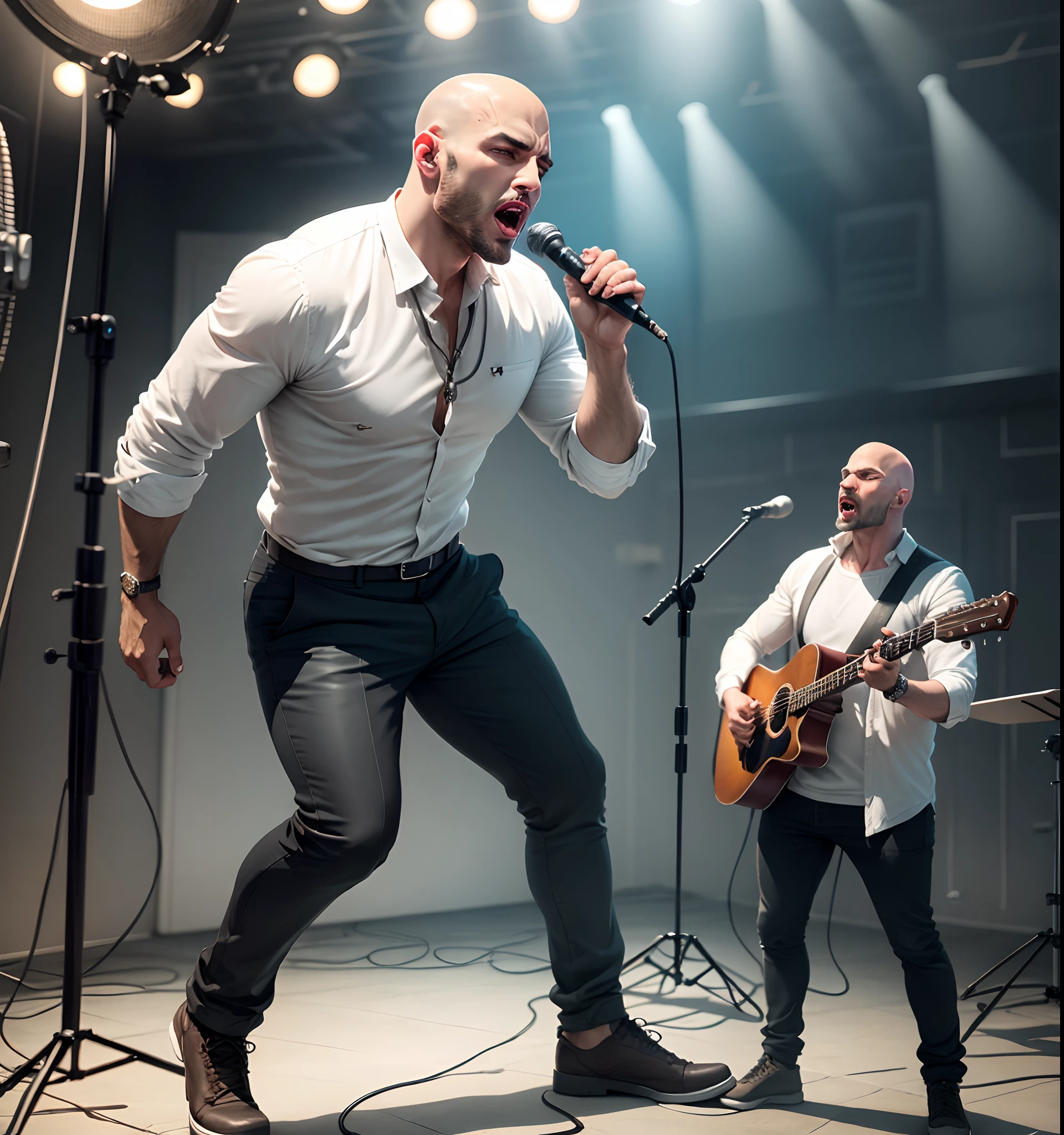 A bald man singing at set with a mic in hand ina full body shot with a white shirt he is in his middle ages