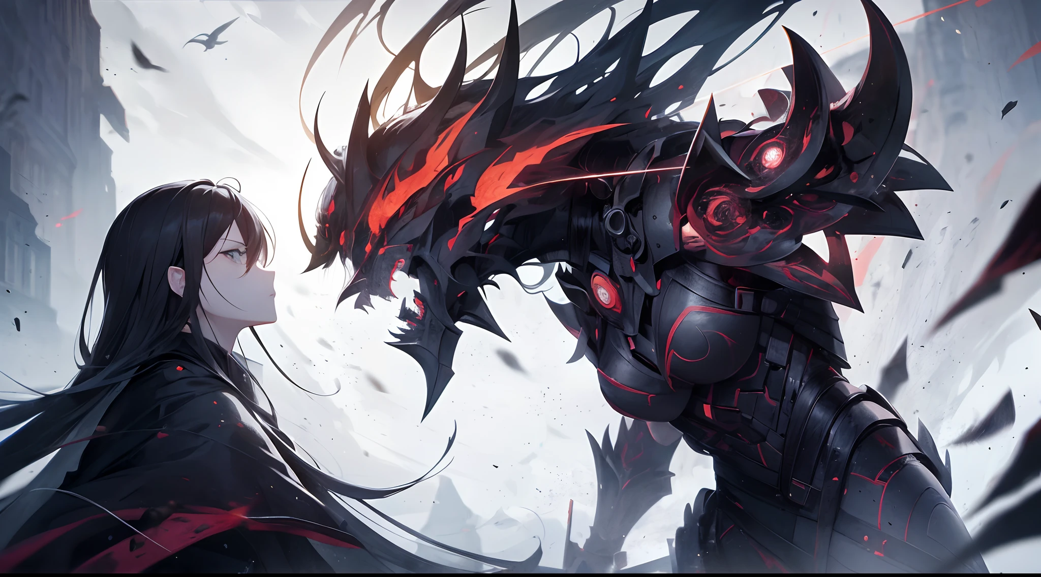 A mech, silver-white long ponytail and waist, V-shaped mechanical helmet, helmet eyes with red light, wearing a black sexy mech suit, red torn cloak swaying in the wind, white glowing six-winged mechanical wings, a broad sword glowing yellow with red light effect, Night, Rain, A destroyed cyberspace in the book of Apocalypse, lifelike, best image quality, highest definition and clarity, original, surrealism, high detail, futurism, action painting, chiaroscuro, ray tracing, motion blur, Cowboy shot, close-up, combat action drawing, layering, holographic display, cyberpunk style
