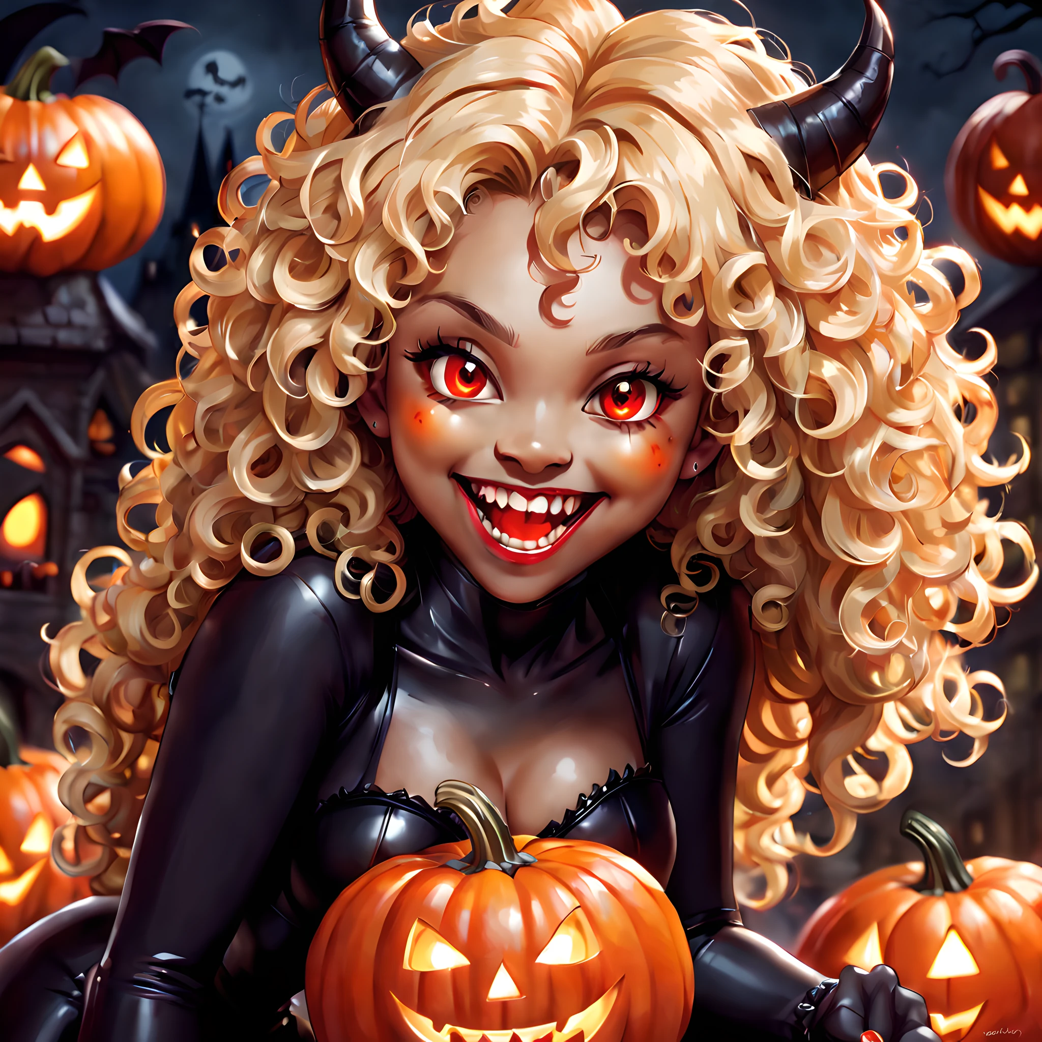 Devil, black devil, cute devil, anime illustration, ultra detailed, hyper sharp image, fangs. blonde wavy curly long hair, wearing rubber costume, halloween festival, jack o'lantern, ghost, happy smile, cute smile, red eyes, dark skin, eating pumpkin,