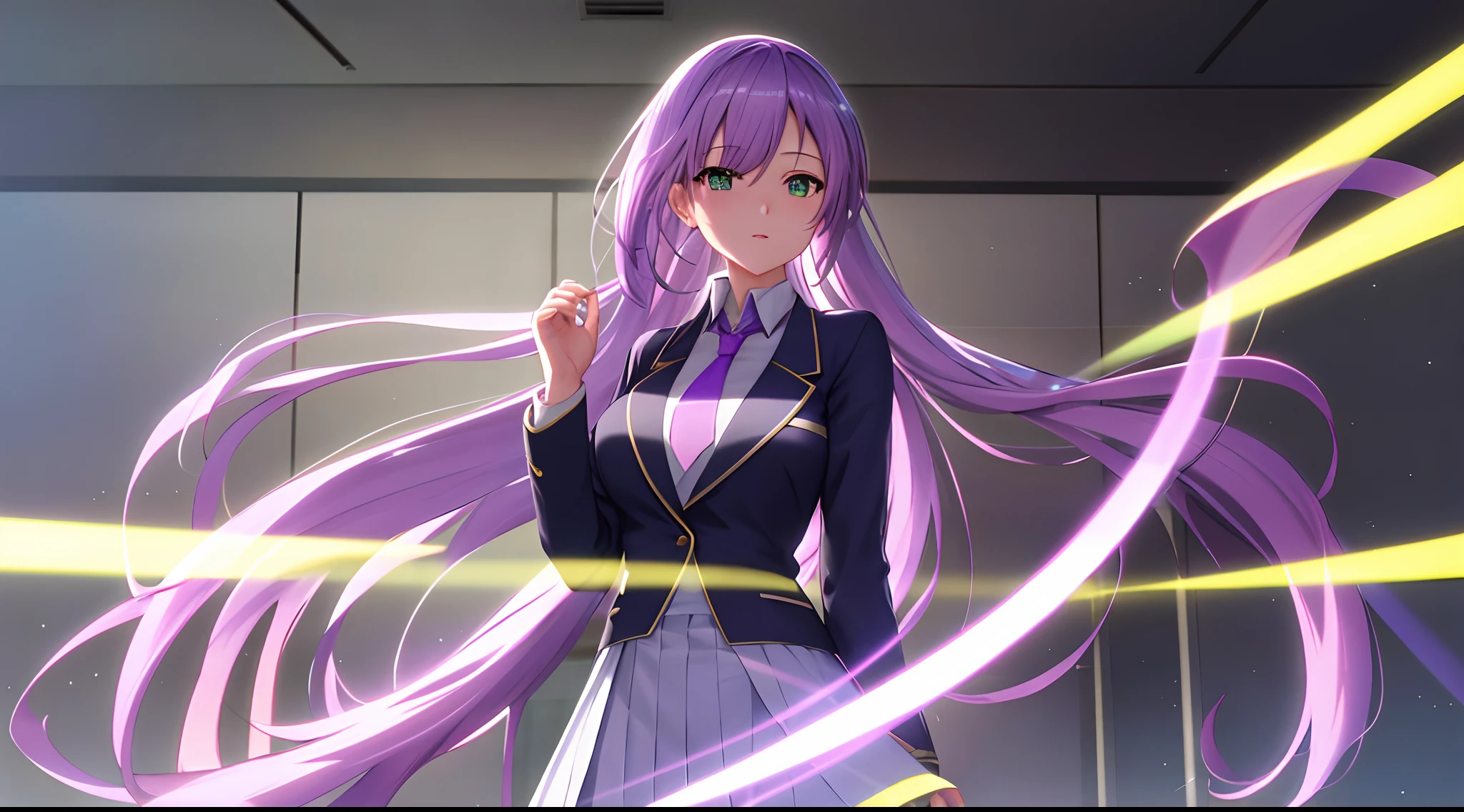 Athena with plain long light purple hair,hair between eyes,green eyes,rosy cheeks,full lips,thin eyebrows,slender body,wearing school coat necktie and full long skirt,praying beads on neck,cute anime girl,full body,classroom in background,anime style,Lumen Reflections,Screen Space Reflections,Diffraction Grading,Chromatic Aberration,GB Displacement,Scan Lines,Ray Traced,Anti-Aliasing,FXAA,TXAA,RTX,SSAO,Shaders,OpenGL-Shaders, GLSL-Shaders,Post Processing,Post-Production,cell Shading,Tone Mapping,CGI,VFX,SFX,insanely detailed and intricate, 4K,standing, solo, masterpiece, best quality, detailed face, detailed eyes, highres, standing, solo,masterpiece, best quality