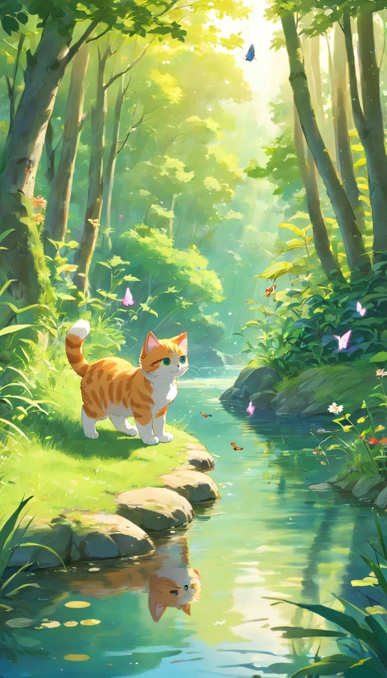 Kitten by the pond fishing Mother cat leading kitten fishing Butterflies flying in the distance Clear weather On the edge of the forest river