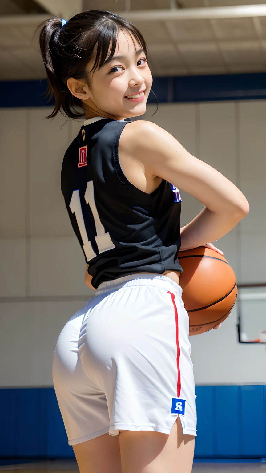 BEST QUALITY, MASTERPIECE, ULTRA HIGH RESOLUTION, (PHOTOREALISTIC:1.4), RAW PHOTO, 

((1girl, back view, cowboy shot, (12-years-old, Japanese number one idol, very short black haired, extremely cute face, amazingly beautiful big black eyes,  innocent smile), playing basketball on indoor basketball court, upturned beautiful small ass)), 

((wearing cute designed underwear under sleeveless basketball player's loose white uniform)), dynamic pose, looking at viewer

detailed face, detailed eyes, detailed hair, detailed uniform, detailed body, detailed hip, detailed thighs