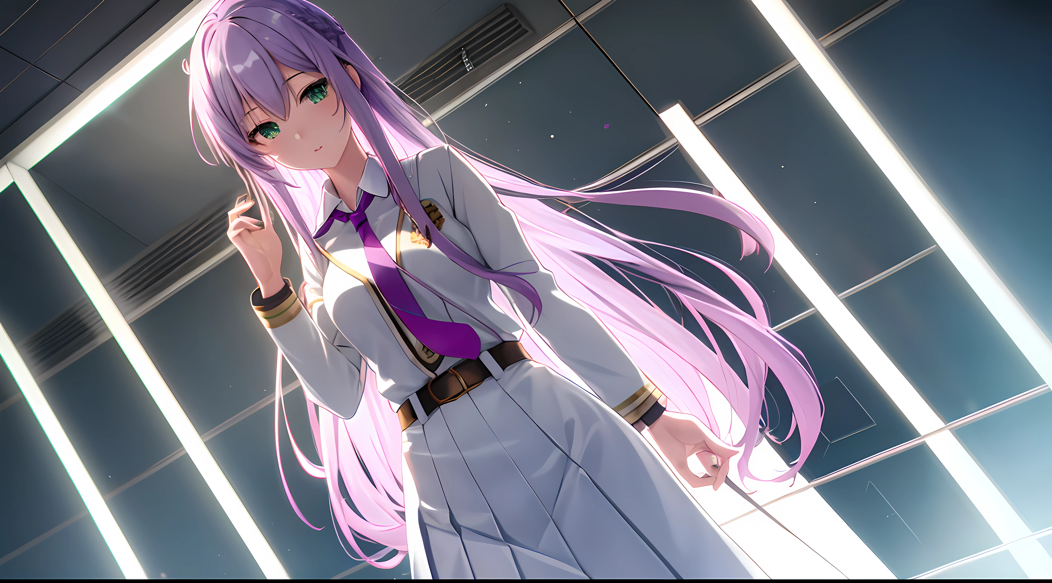 Athena with plain long light purple hair,hair between eyes,green eyes,rosy cheeks,full lips,thin eyebrows,slender body,wearing school coat necktie and full long skirt,praying beads on neck,cute anime girl,full body,classroom in background,anime style,Lumen Reflections,Screen Space Reflections,Diffraction Grading,Chromatic Aberration,GB Displacement,Scan Lines,Ray Traced,Anti-Aliasing,FXAA,TXAA,RTX,SSAO,Shaders,OpenGL-Shaders, GLSL-Shaders,Post Processing,Post-Production,cell Shading,Tone Mapping,CGI,VFX,SFX,insanely detailed and intricate, 4K,standing, solo, masterpiece, best quality, detailed face, detailed eyes, highres, standing, solo,masterpiece, best quality