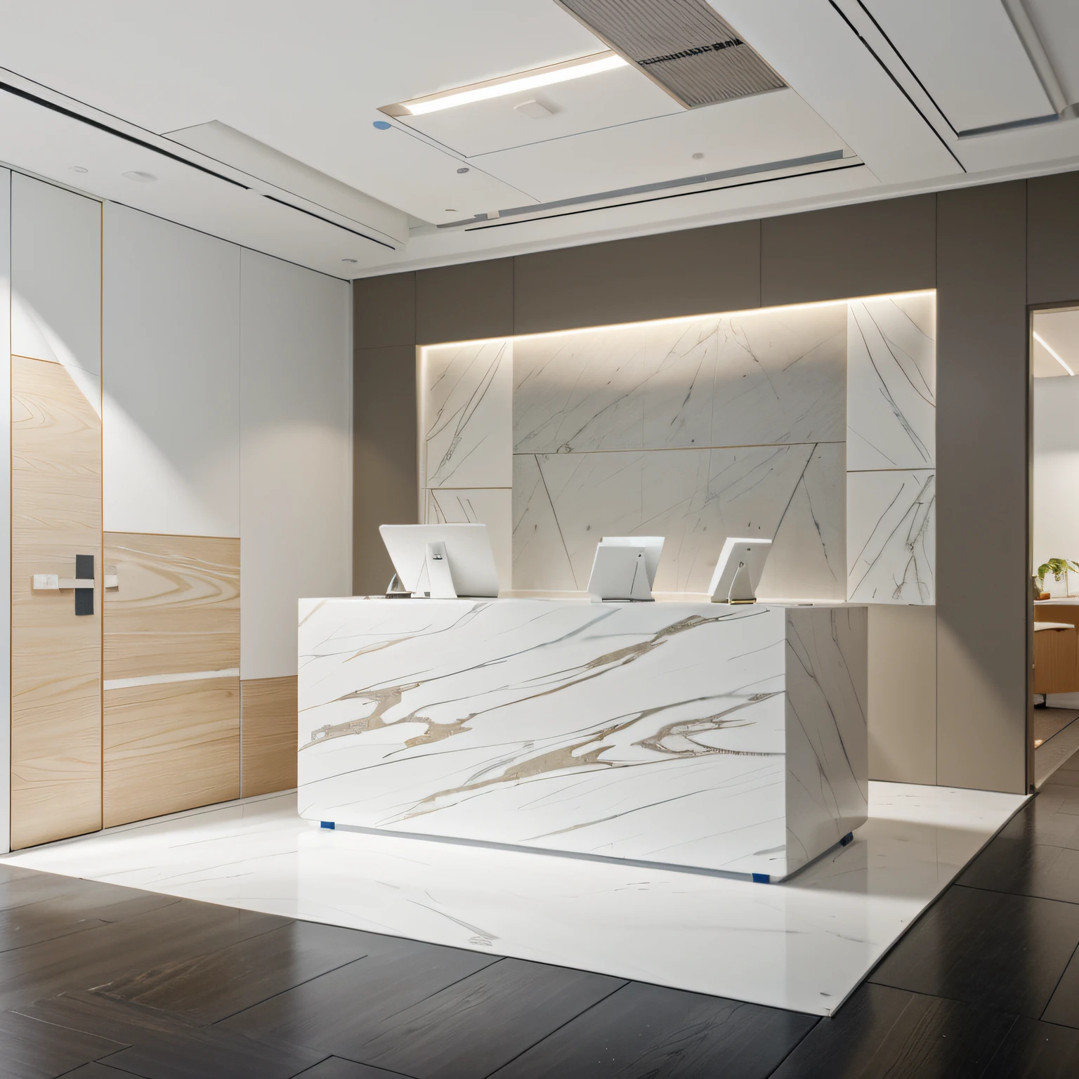 Design a reception desk that makes a powerful statement of professionalism and style while maintaining a calming atmosphere for patients in a high-end medical radiology practice. The desk's modern geometric design should be constructed using acrylic and corian, with a combination of white and marble-like accents. It should have a 1500mm-long standing height section and a 900mm-long lower section for wheelchair accessibility. Render a 3D model that showcases the desk's contemporary aesthetics, with a focus on the materials, geometric shapes, and the soothing mood it evokes, --ar 9:16 --v 5