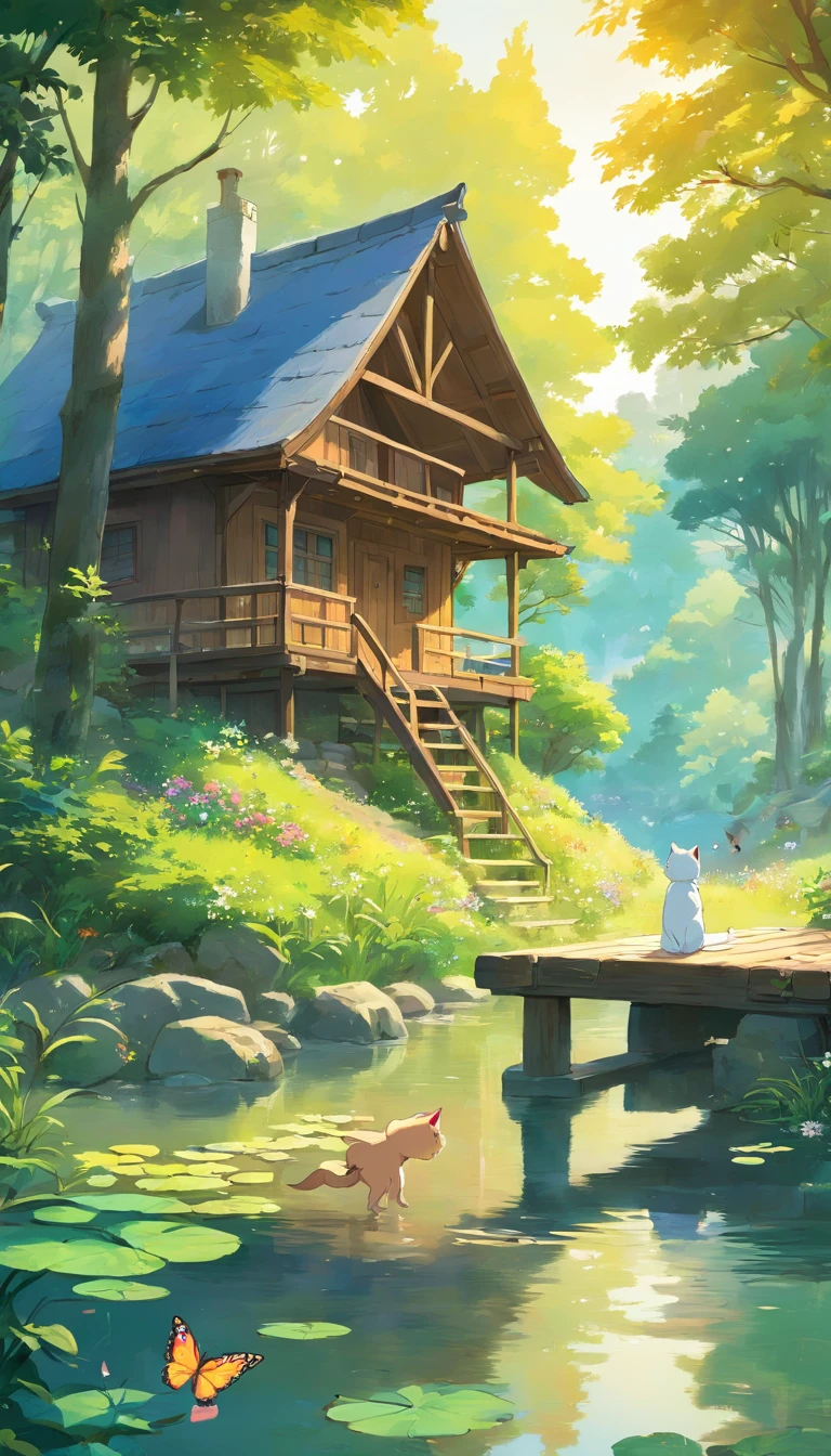 And by the pond, there's a cabin where a kitten catches a butterfly