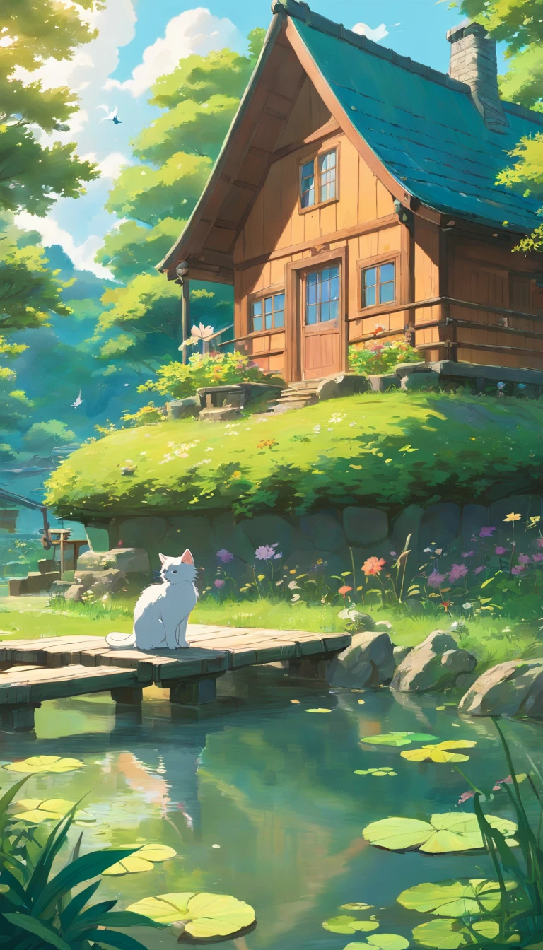 And by the pond, there's a cabin where a kitten catches a butterfly