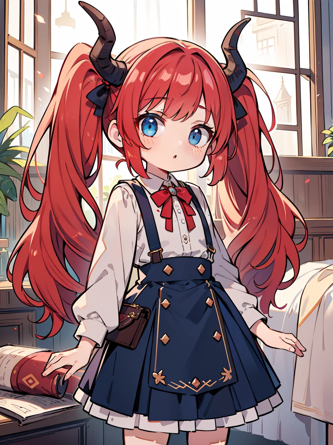 {{best quality}}, {{masterpiece}}, {{ultra-detailed}}, {illustration}, {detailed light}, red hair,blue eyes,twintails,lolita,Suspenders skirt,Fantastic,loli,solo,Dragon horns, girl,long hair