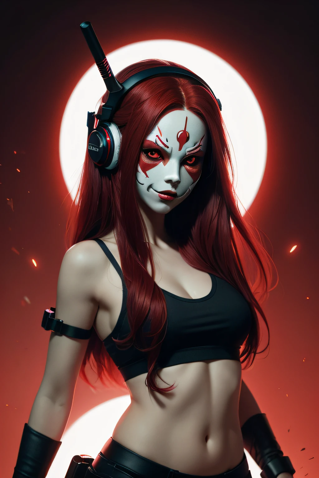 girl with long red hair, red eyes, futuristic vibes, mask on mouth, headphones, 8k, high quality, simple background, glowing eyes, nice pose