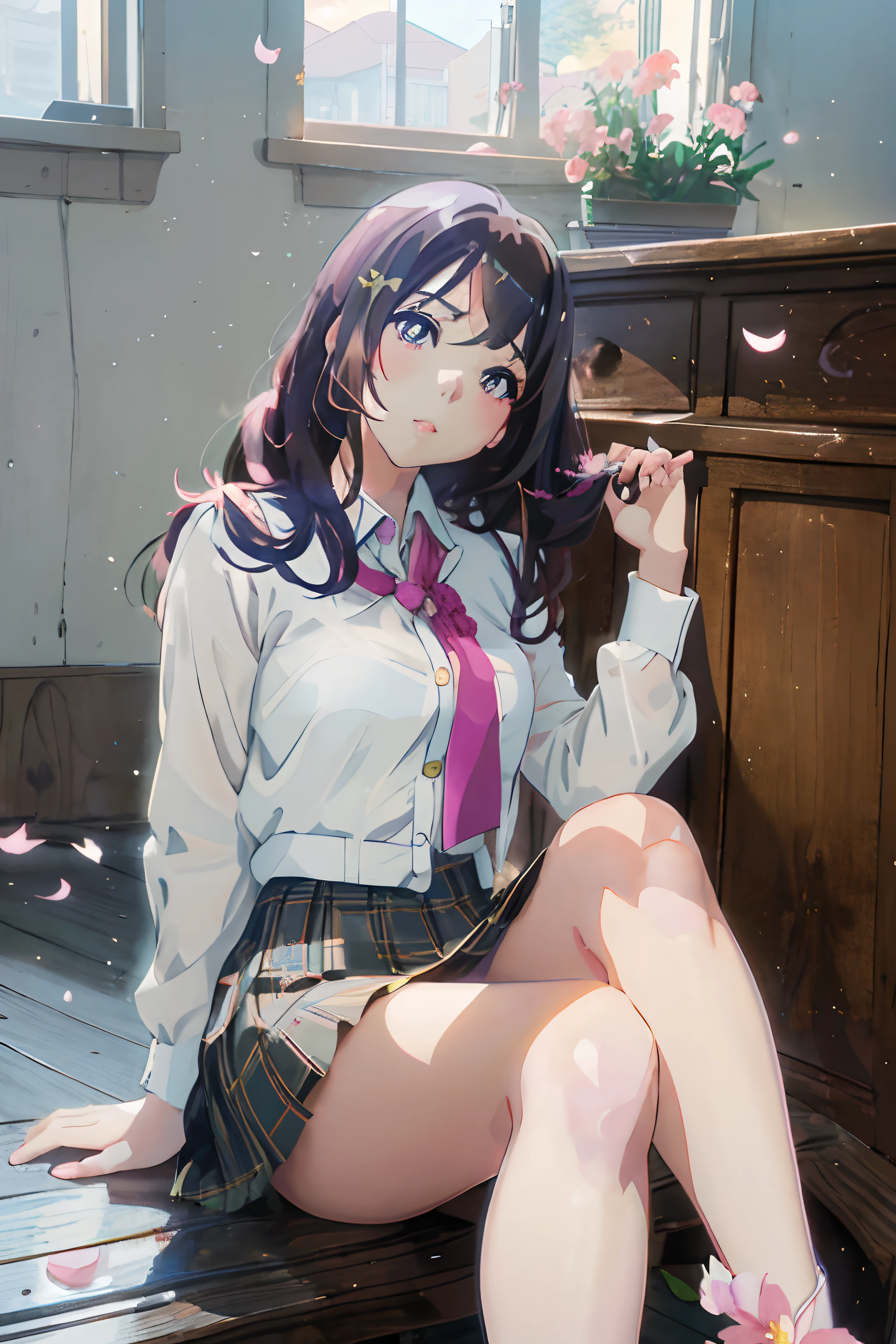 (Highest quality, High resolution, Masterpiece, 4K), (Soft light、Luster of hair、Beautiful eyes)、young woman、The whole body is visible、Adorable smile、 ((Wavy medium short hair, bangs, Chestnut Hair)), ((Wistful eyes、Gray Eyes, Perfect Eyes)), ((Detailed face, blush:1.1)), ((Smooth texture:0.75, Realistic texture:0.65, Realistic:1.1, Anime CG Style)),Medium chest、Dynamic Angle、A body with just the right amount of flesh、(Sexy thighs、I see beautiful legs)、(Purple cardigan、Checkered Skirt)、Earrings、Angle from the front、Peeking into this、The hem of the top is visible、Angle from below、Meeting up for a date、Office Desk