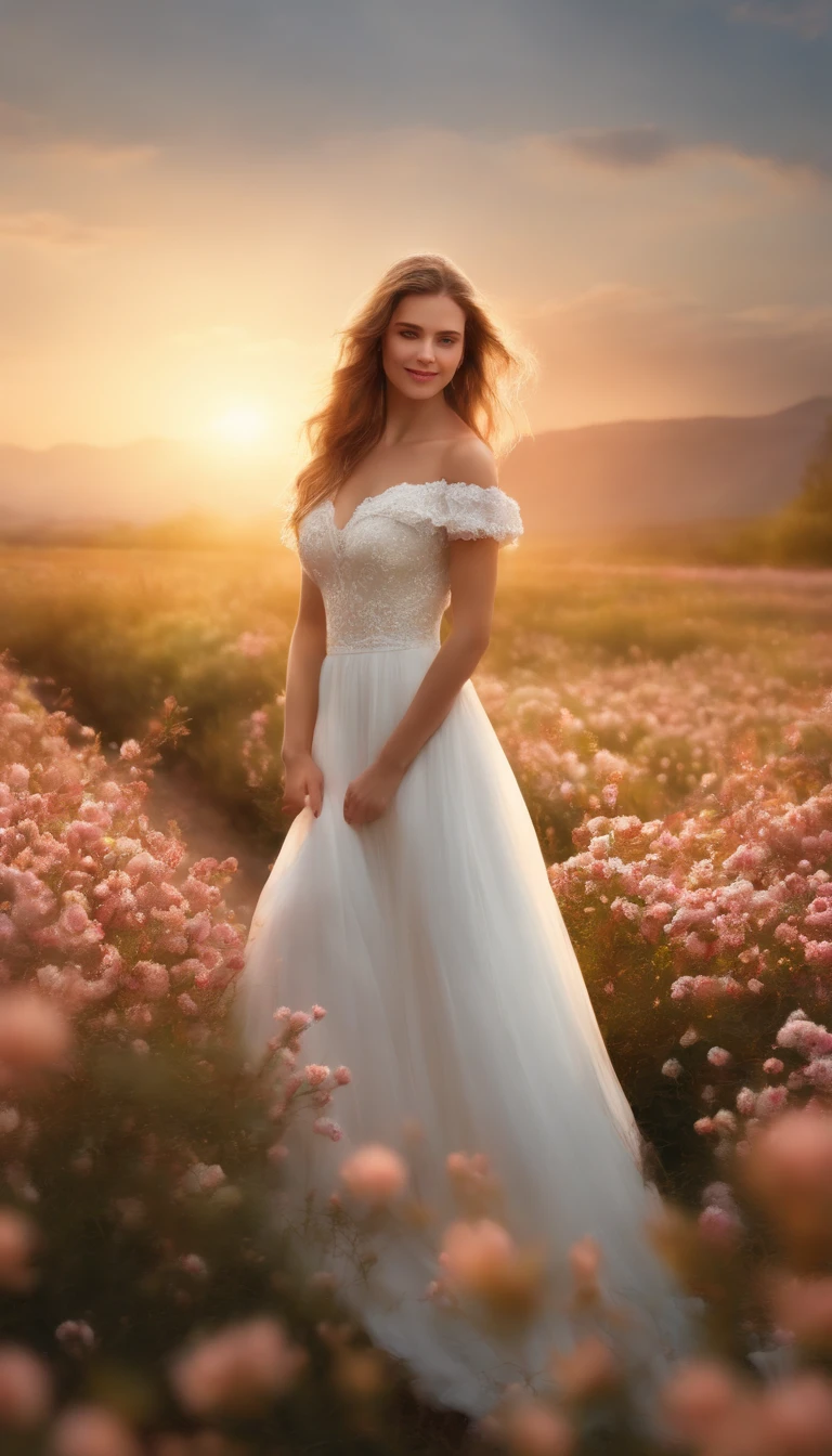 Best quality, masterpiece, ultra high res, (photorealistic:1.4), raw photo, 1girl, white dress, off shoulder, blossom flower field, glowing skin, light smile