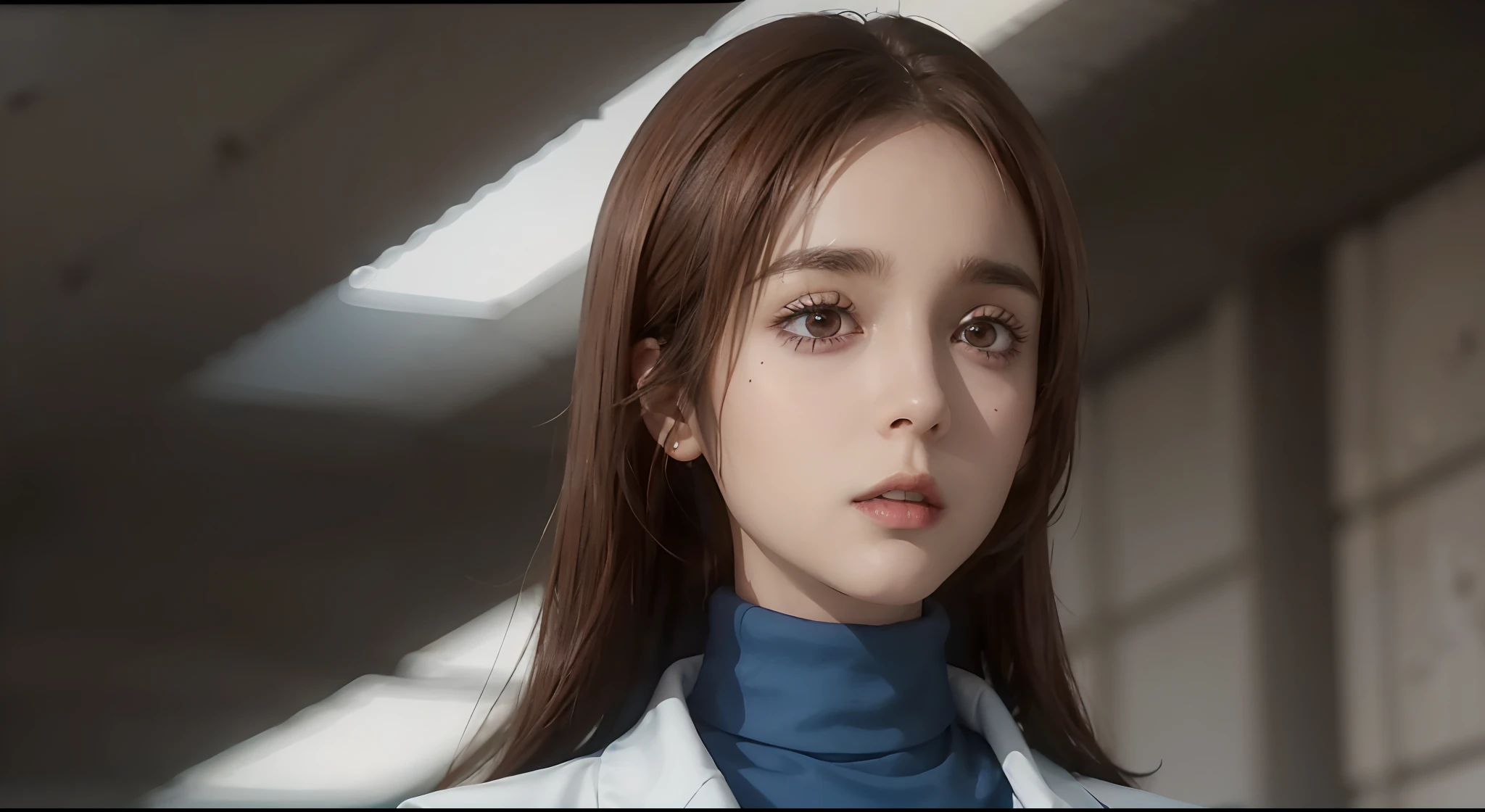 shoko_ieiri, brown hair, brown eyes, eyebags, eyeshadow, makeup, labcoat, blue turtleneck, 1 girl, solo, detailed face, detailed skin, film grain, realistic, 1 woman, 1 person, fixed mouth