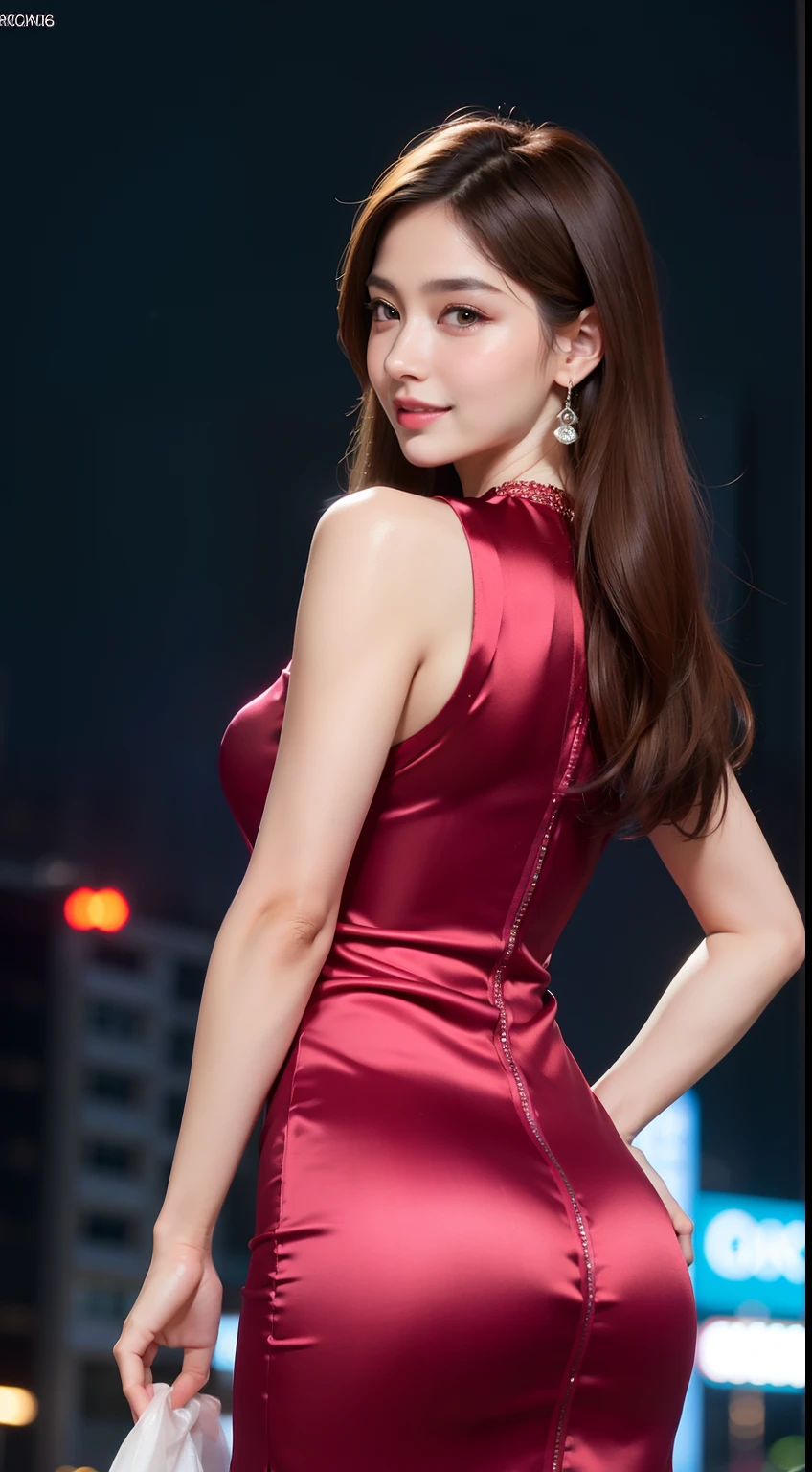 8K, masterpiece, original photo, best quality, lifelike, Extremely detailed CG unified 8k wallpaper, Depth of Field, Light, Lens Light Halo, Light line tracing, (Extremely beautiful face, Beautiful lips, beautiful eyes), Delicate face, ((Super delicate skin)) 1 girl, in the darkness, Deep Shadows, Beautiful Korean girl, Korean Idol, 2 girls, (Very slim slender fit-muscled body:1.3), ((Looking at the audience)),(A bright smile:1.3), (Hot Pink Shirt), (sleeveless) , (Fashion City Night, Night, (Neon), (Blurred background), fashion street night scene),(No people in the background:1.3), Beautiful earrings, bracelet, necklace, Pantyhose, Clear eyes, Walk, (Pale skin), (big eyes), Facing forward, ((Upper body shooting)), ((Dress in silk color:1.3)),(Brown-haired girl),((tight fitting Lace dress)), (Lace dress), (see through), (Looking at the audience:1.3) Open your heart, Very slim, Medium breasts, Looking Back,((horizontal)), see through, Medium butt