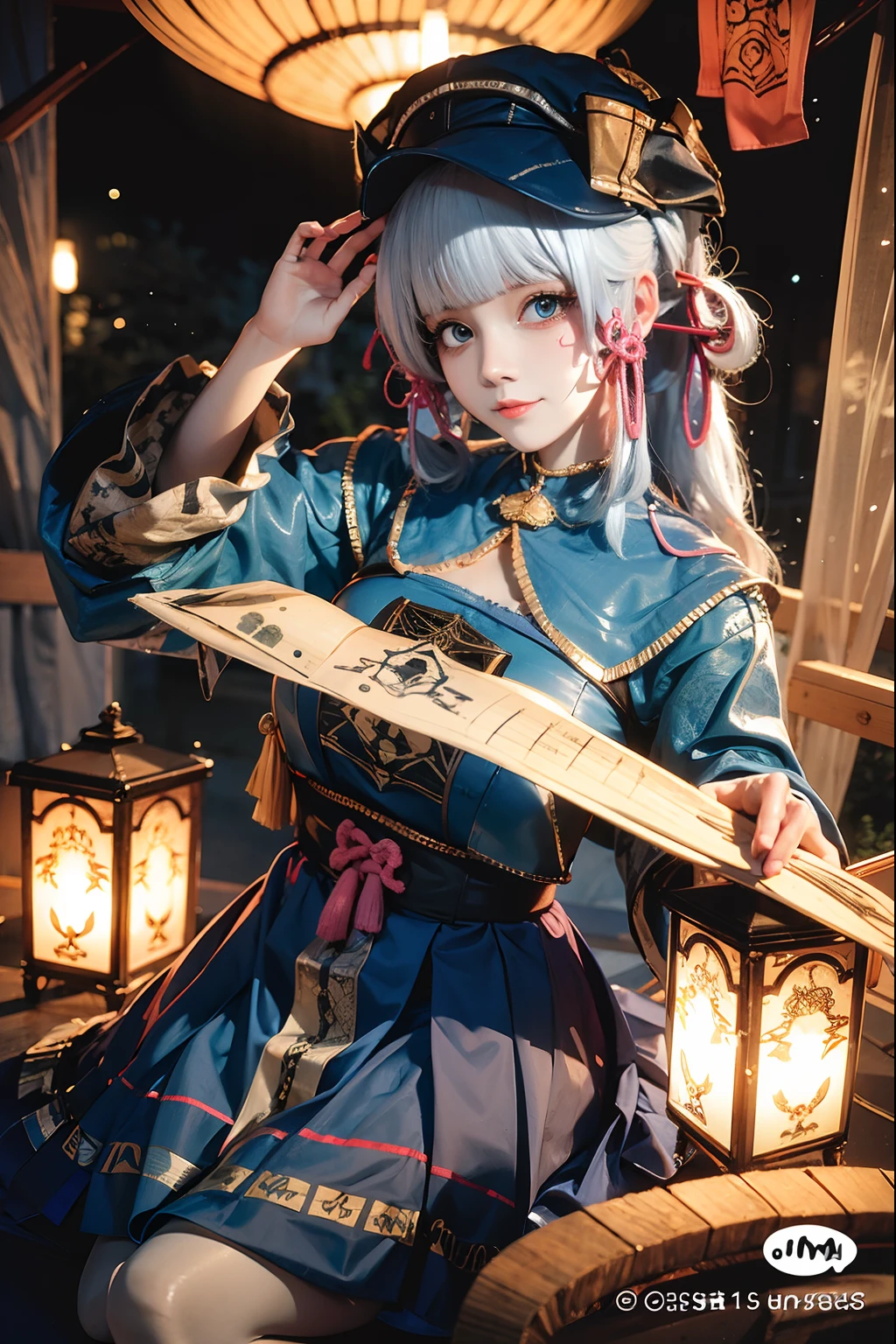 Anime girl in blue dress holding yellow rune paper,, A cute girl in a zombie costume,